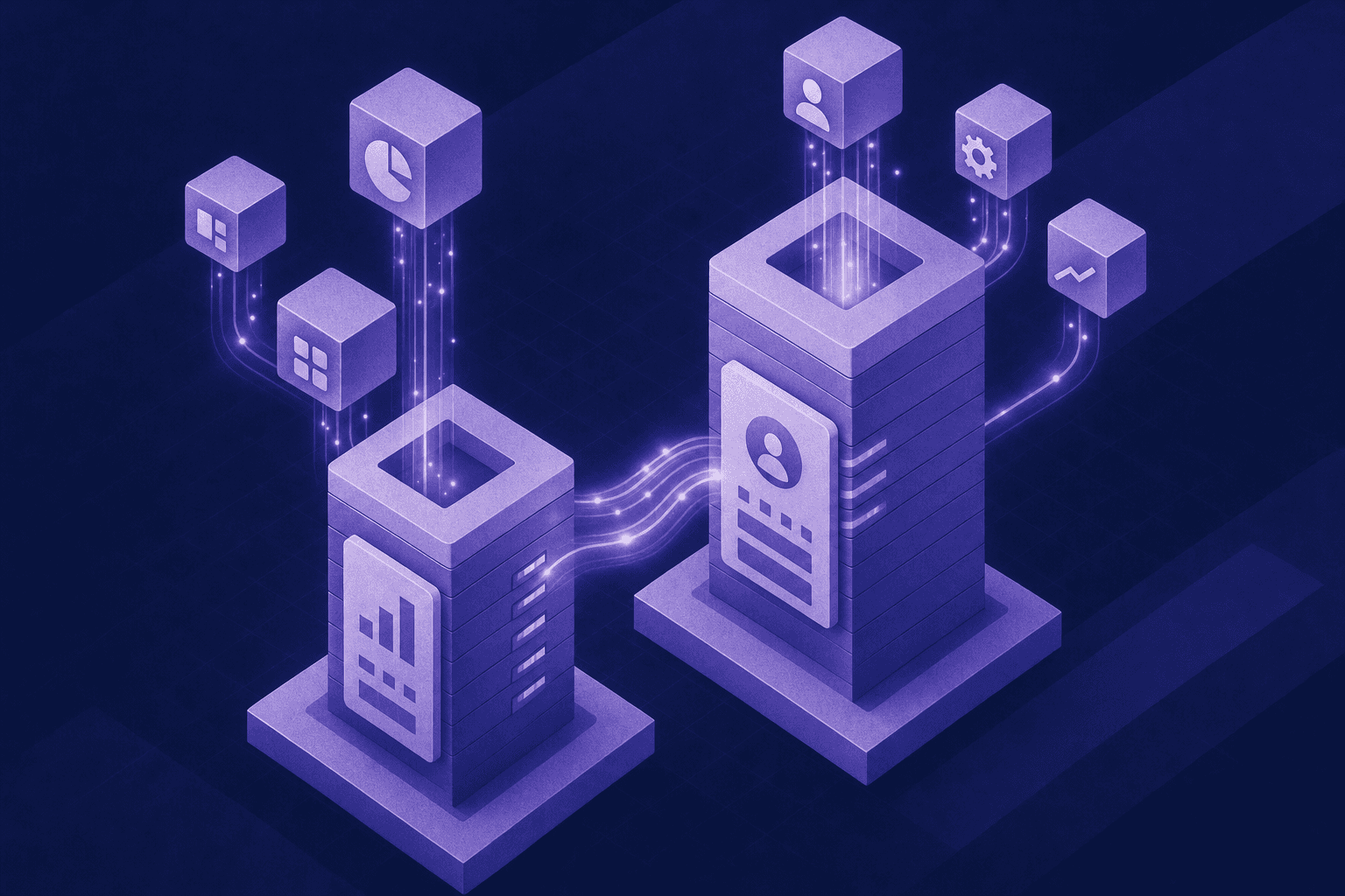 A bold, modern isometric illustration showing two large enterprise platform towers absorbing smaller floating software modules and signal nodes into their structures, with glowing data streams flowing between them, set against a deep navy blue background with subtle grid lines — conveying consolidation and vertical integration in the B2B technology landscape