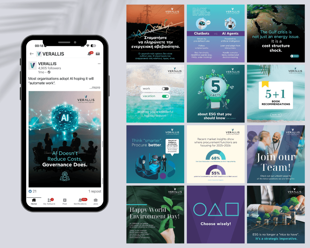 VERALLIS digital presence across social media, with a cohesive aesthetic and content strategy