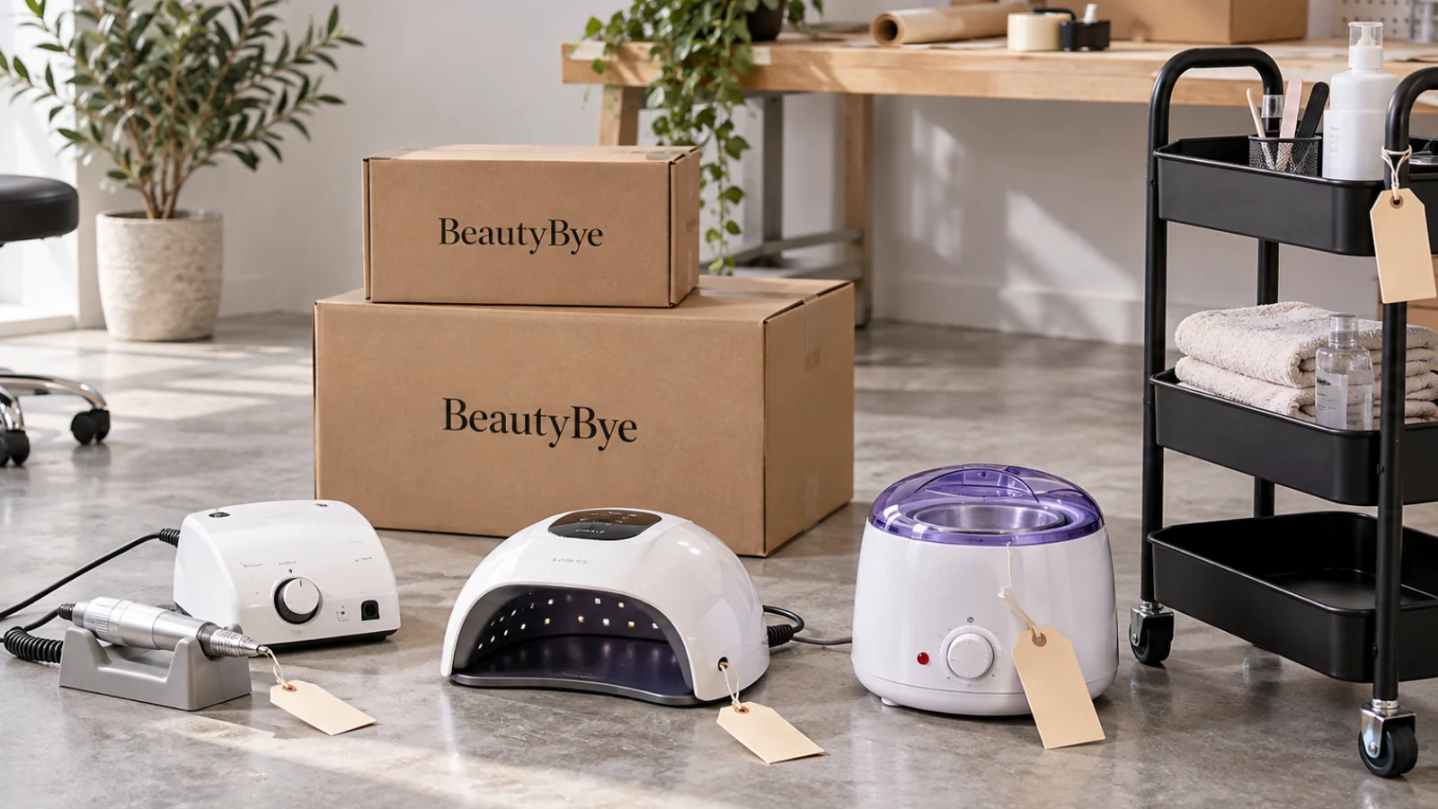BeautyBye professional salon equipment arranged with collection boxes for resale