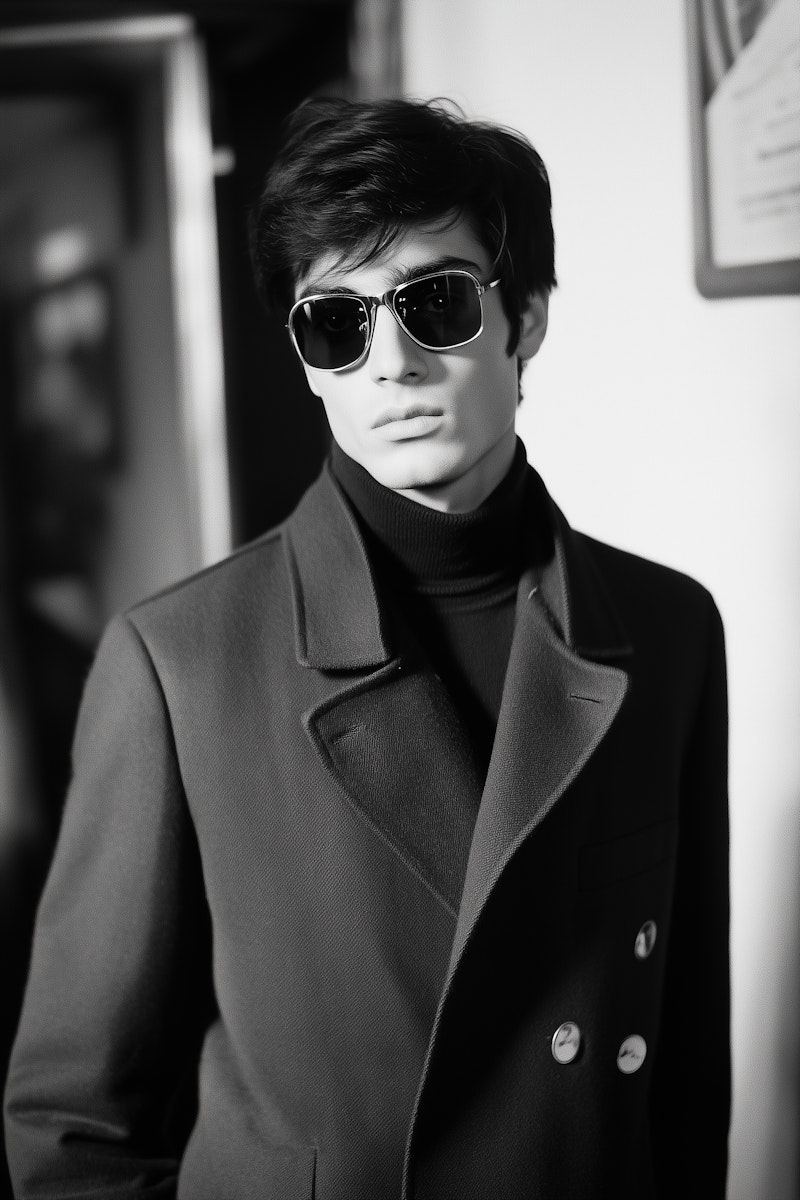 A person wearing sunglasses and a stylish coat stands confidently, with a monochrome setting in the background.