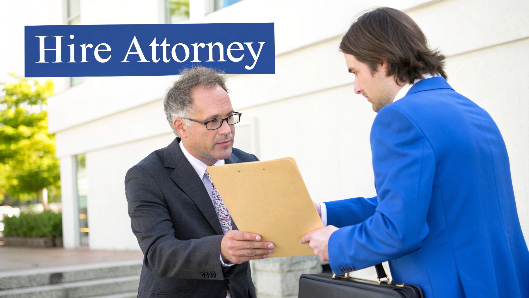 Two men in business suits exchanging legal documents or a clipboard, with a 'Hire Attorney' banner.