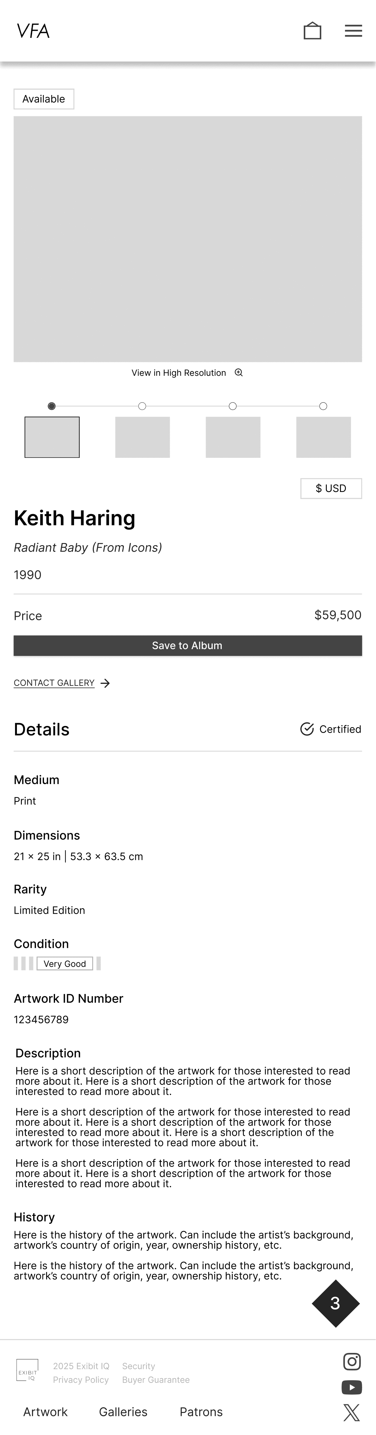 Mobile wireframe for detailed artwork page