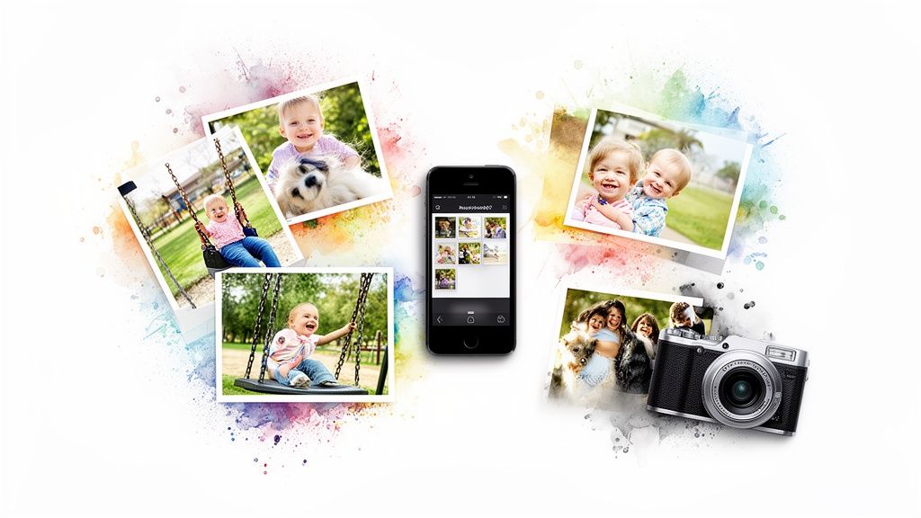 A collection of happy family photos, a smartphone with a gallery, and a digital camera on a white background with colorful splashes.