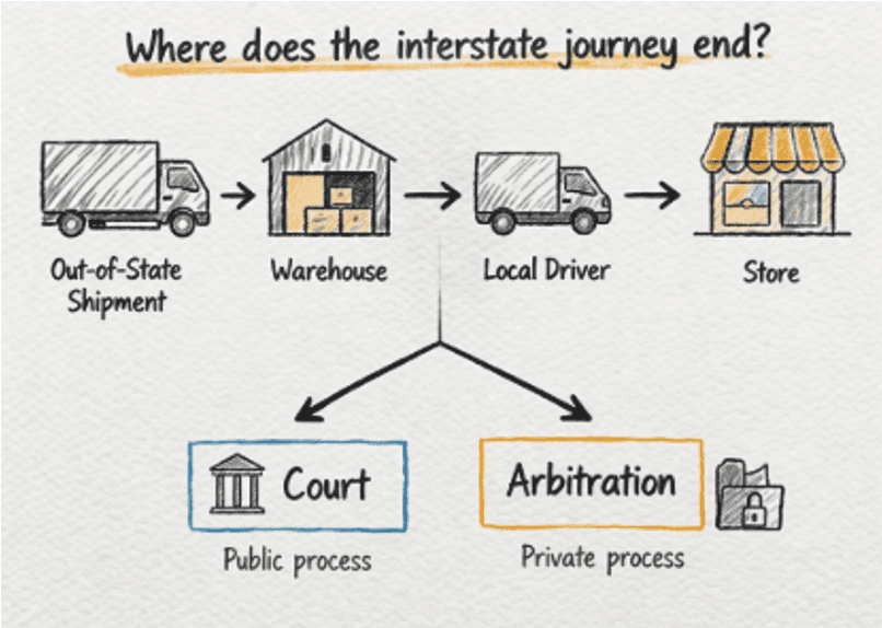 Shipment path from warehouse to store, with court and arbitration options.