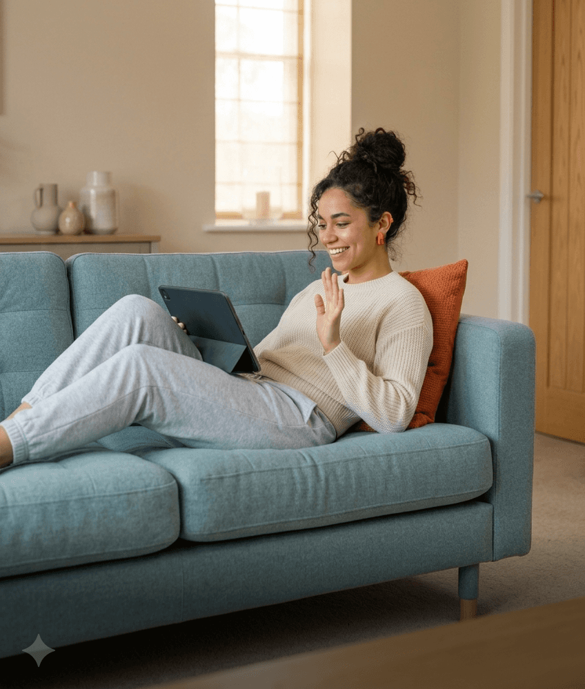 Mulher sentada no sofá fazendo uma videochamada usando um tablet