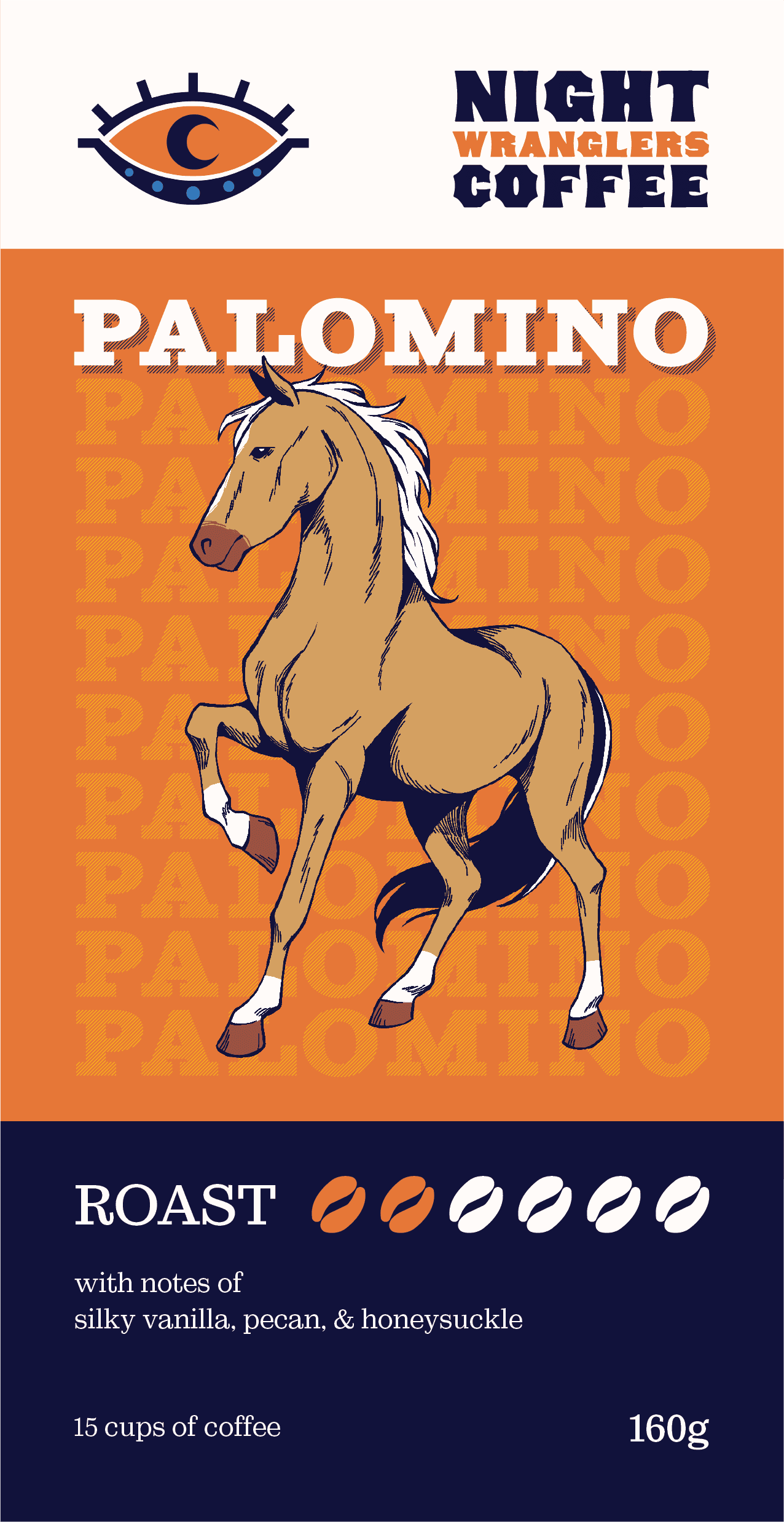 Palomino coffee label with a beige coloured illustrated horse