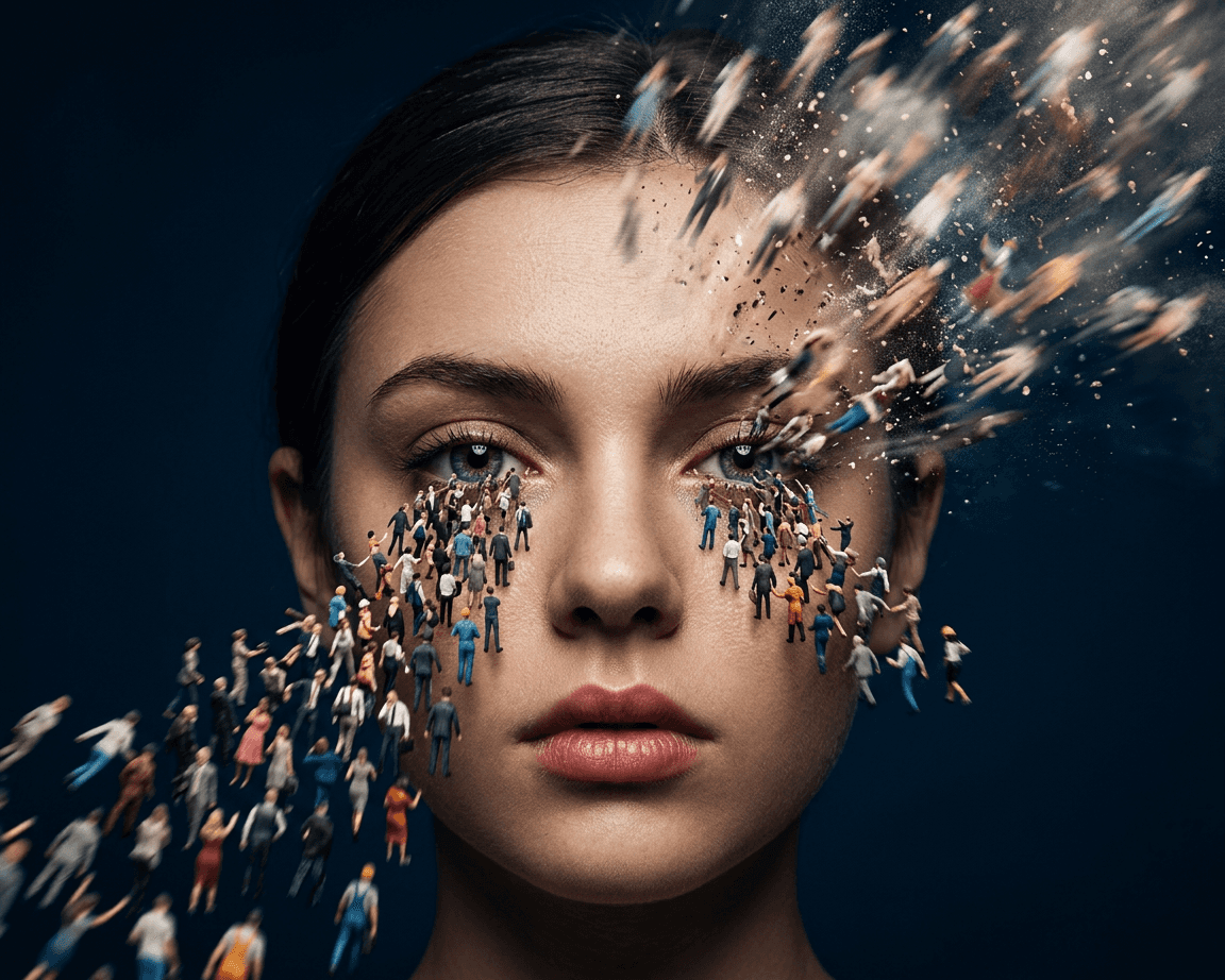 A black and white photo of a woman's head