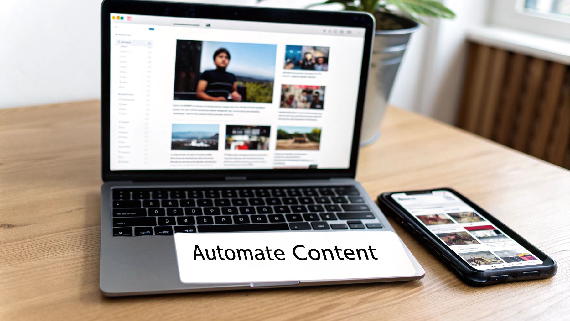 A laptop and smartphone display various content feeds, with 'Automate Content' text on the laptop keyboard in a workspace.