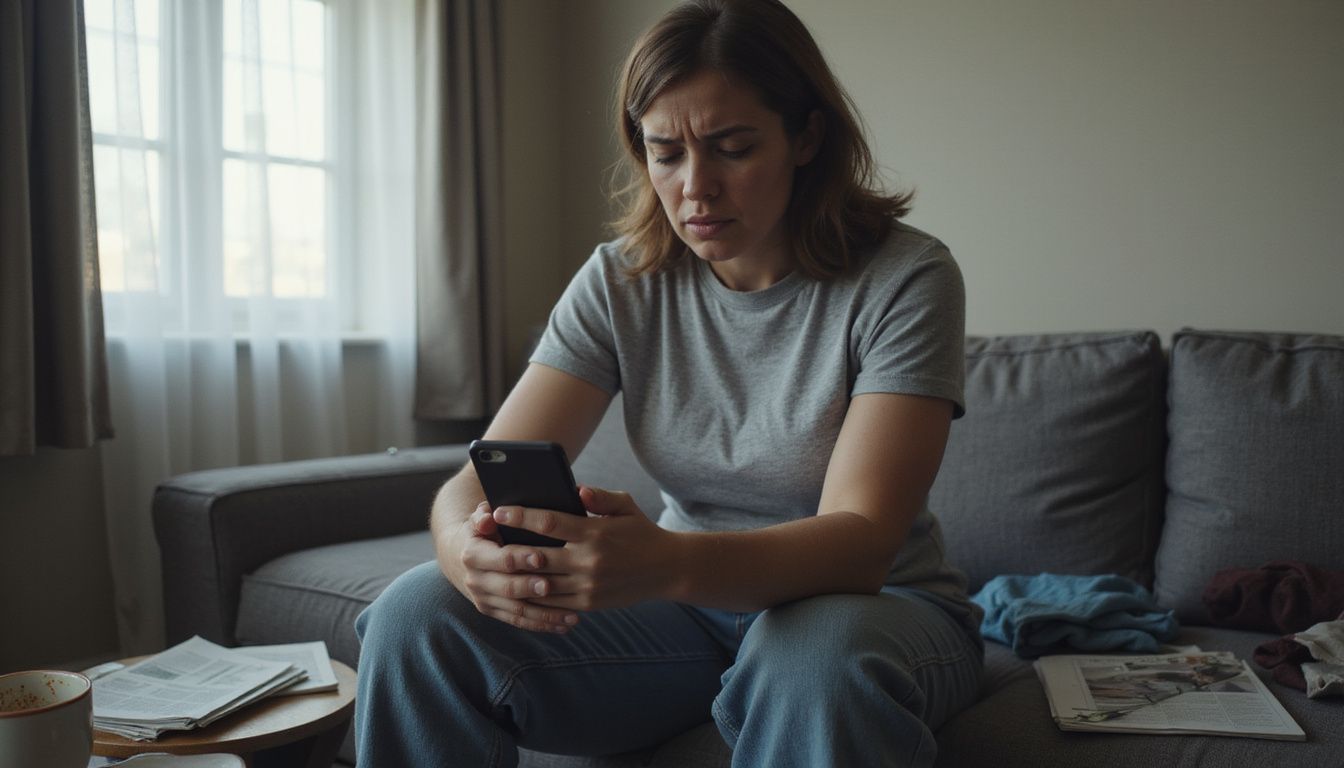 A worried woman evaluates customer reviews on her smartphone.
