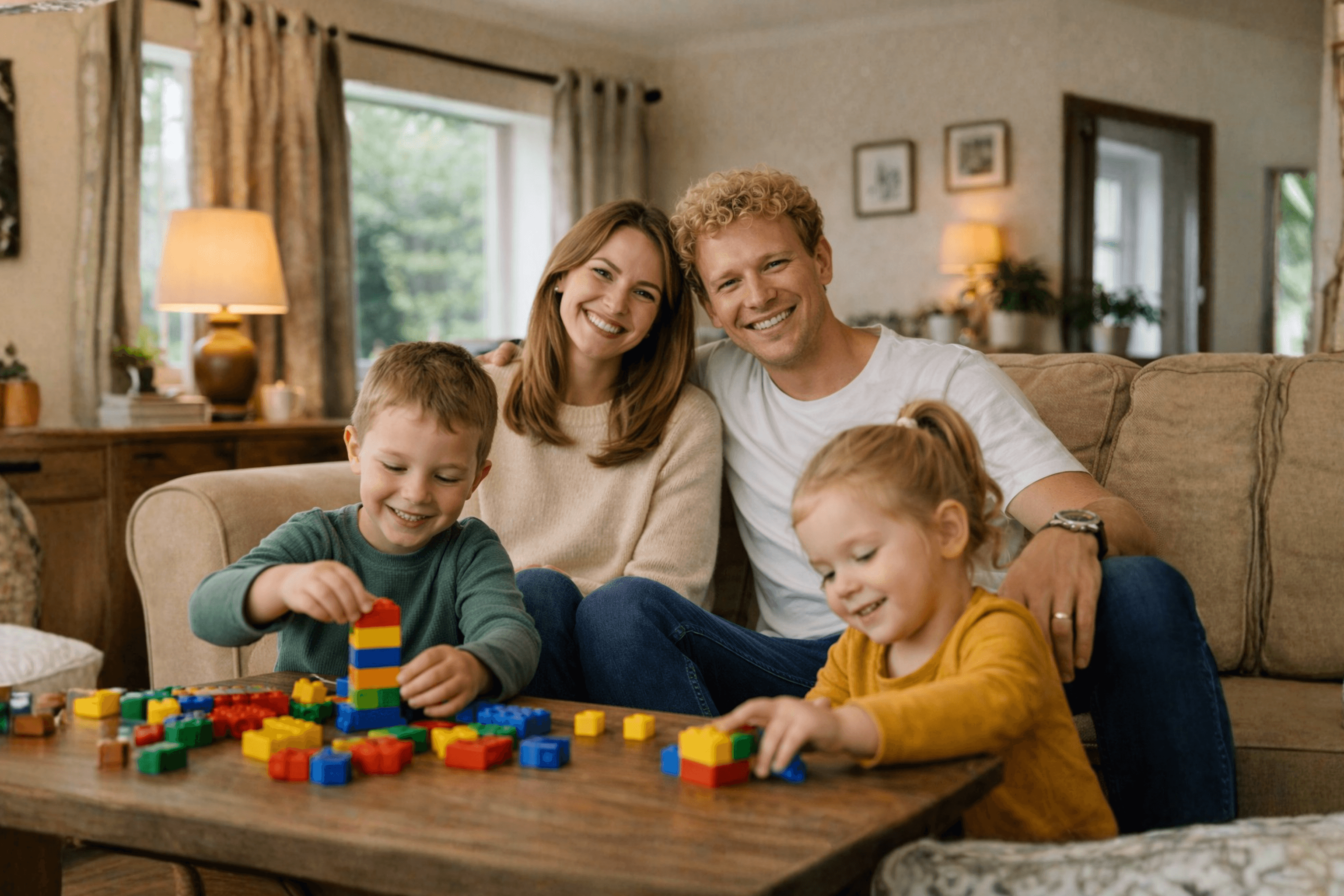 Zufriedene Familie im Wohnzimmer beim Spielen. Ratenkredit ermöglicht entspanntes Leben und finanzielle Flexibilität im Alltag