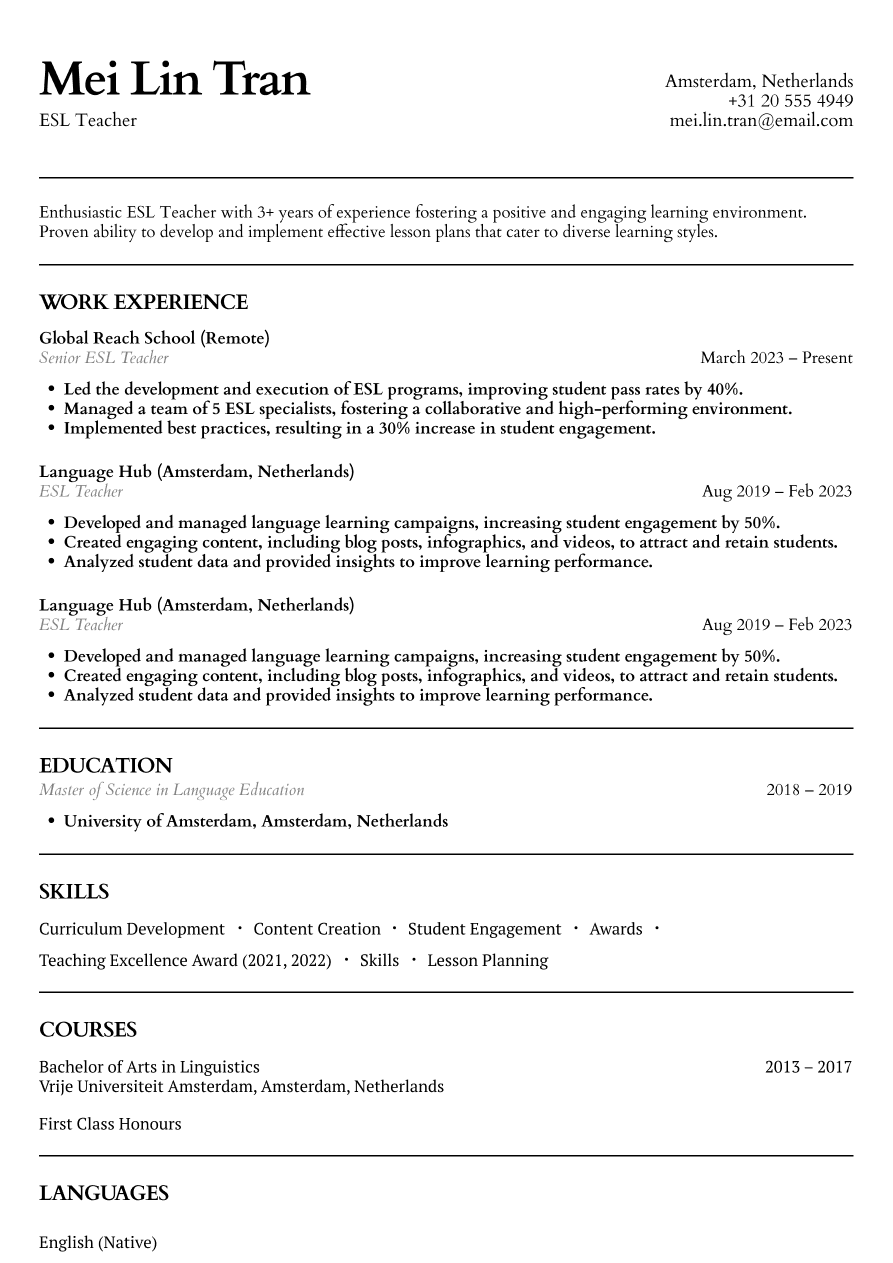ESL teacher resume example
