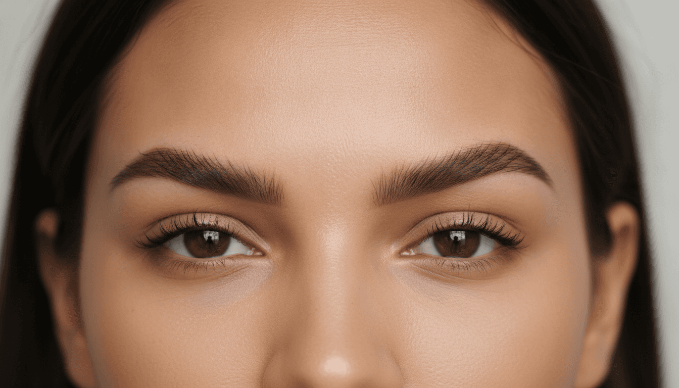 Close-up van zachte, egale powder brows die natuurlijk in balans zijn met het ge