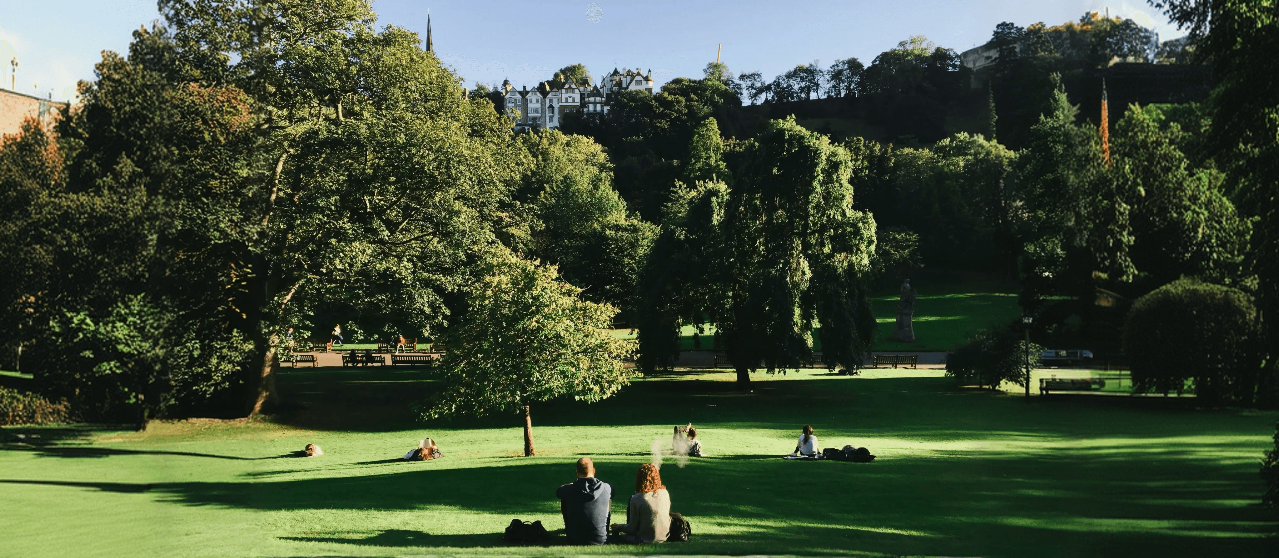 Menschen entspannen auf einer grünen Wiese in einem sonnigen Stadtpark mit großen Bäumen.