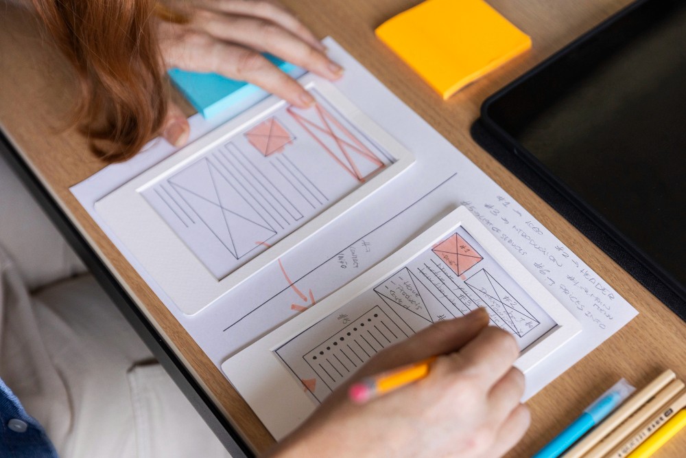 Designer comparing landing page and home page wireframes