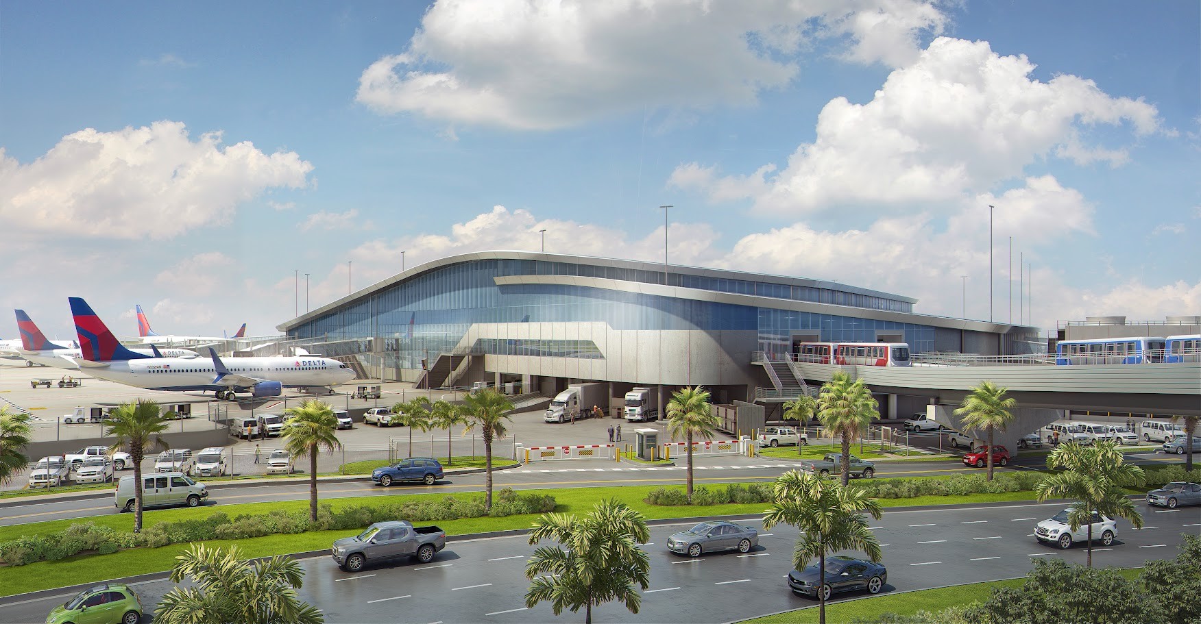 Aerial view of Tampa International Airport showing the modern terminal building with distinctive curved architecture, landscaped grounds with tropical vegetation, and runway infrastructure