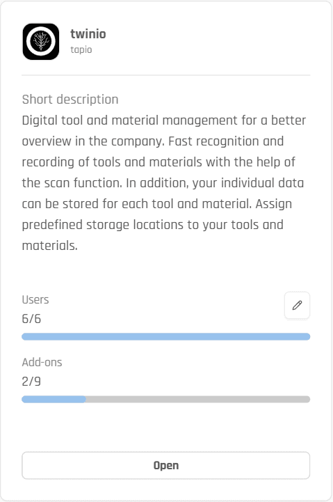Auszug aus der Detailseite von twinio in My tapio