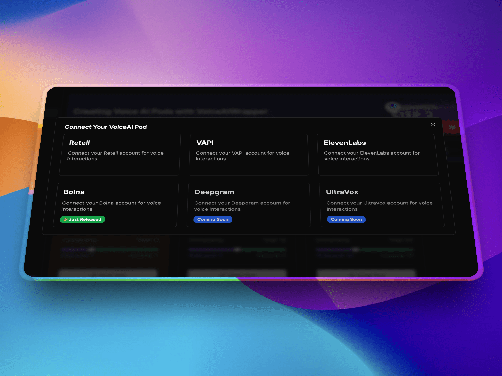 Private label multiple voice AI providers under your brand with VoiceAIWrapper showing Retell, VAPI, ElevenLabs, Bolna, Deepgram, and UltraVox connection options. | voiceaiwrapper.