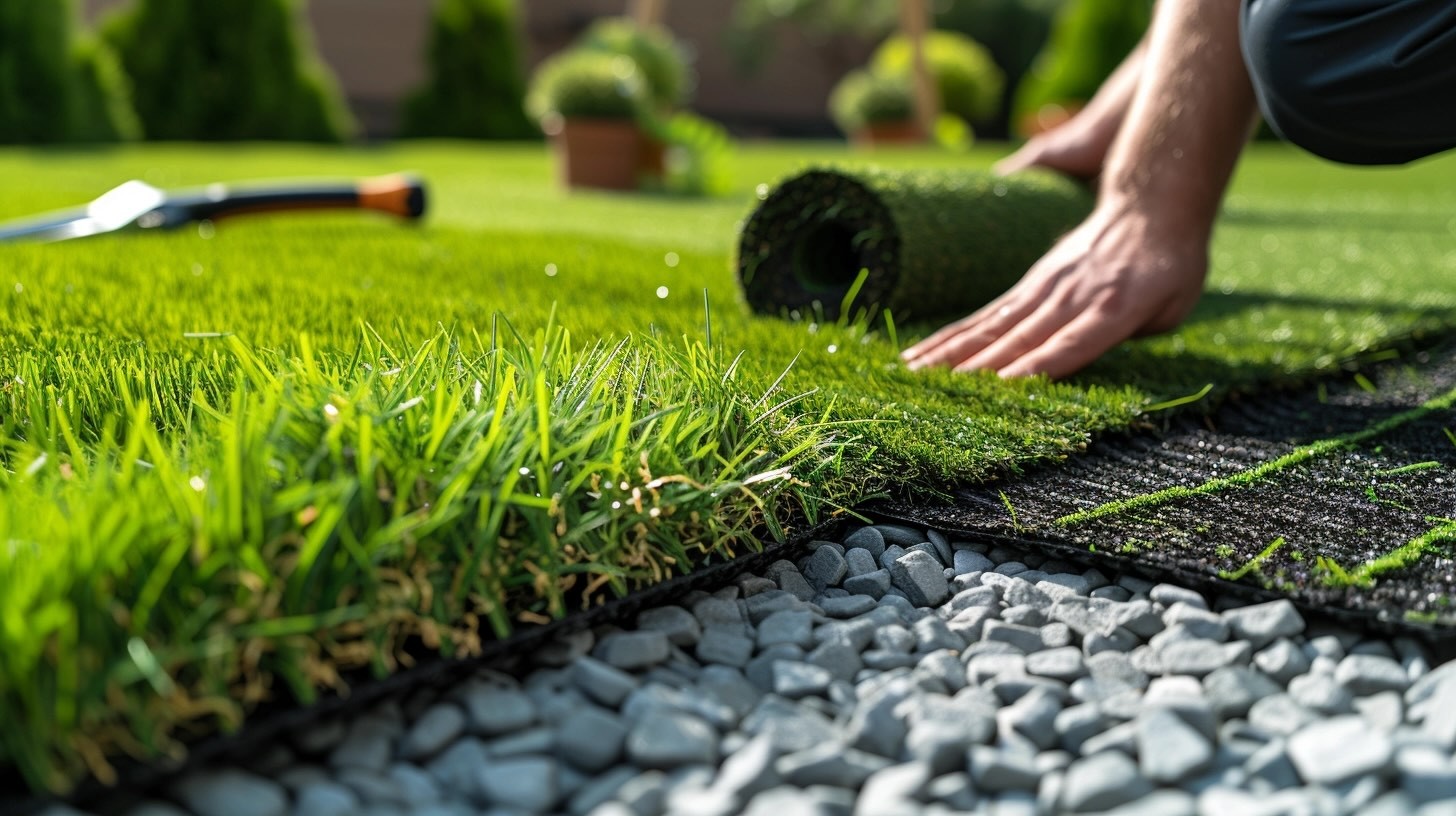  artificial grass installation on a lawn, a man's hand rolling up an artificial carpet of green grass, stones, hardscaping