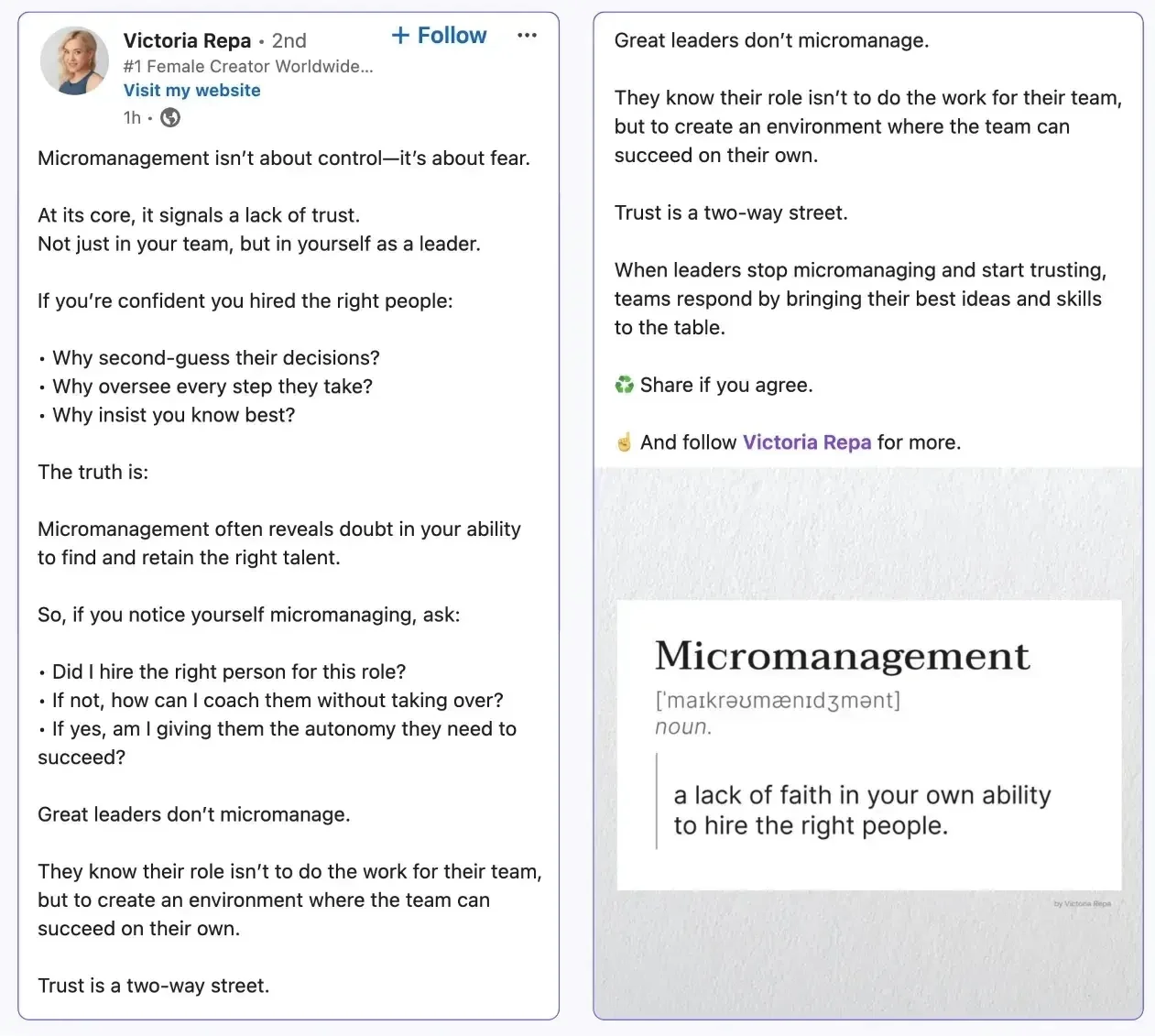 An example of an inspirational post by Victoria Repa on LinkedIn, covering micromanagement and its flaws