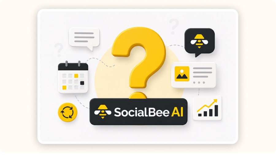 Illustration 3D de SocialBee AI avec un grand point d’interrogation