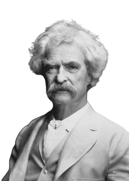 A distinguished black-and-white portrait of Mark Twain, the famous 19th-century American author and humorist. With his wild white hair, thick mustache, and serious expression, Twain is dressed in a light-colored suit, reflecting his iconic presence. Best known for his works such as "The Adventures of Tom Sawyer" and "Adventures of Huckleberry Finn," Twain's writing is celebrated for its wit, social commentary, and vivid depiction of American life. This image captures his enduring influence on literature and his reputation as a master storyteller and satirist.