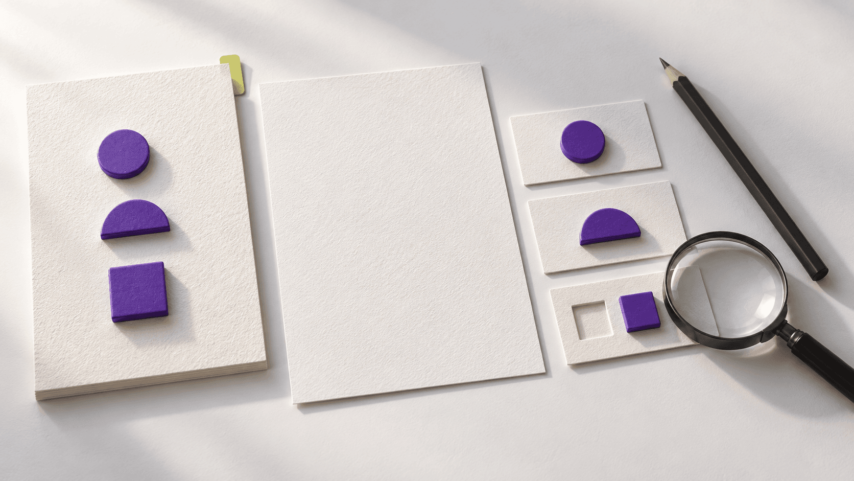 Feuilles de correction, trois cartes de commentaire, crayon et loupe sur un bureau blanc cassé, avec des repères violets.