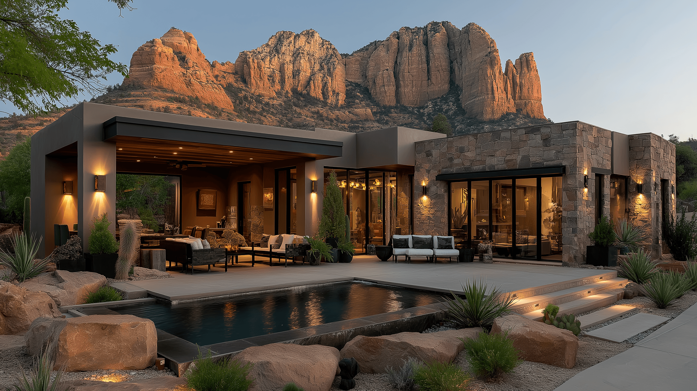 Exterior of a modern desert home at twilight, featuring a covered patio, a private swimming pool, and a stunning backdrop of towering red rock formations.