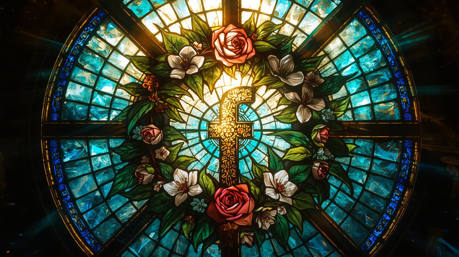  beautiful and vibrant stained glass artwork featuring a graceful, colorful Facebook logo elegantly