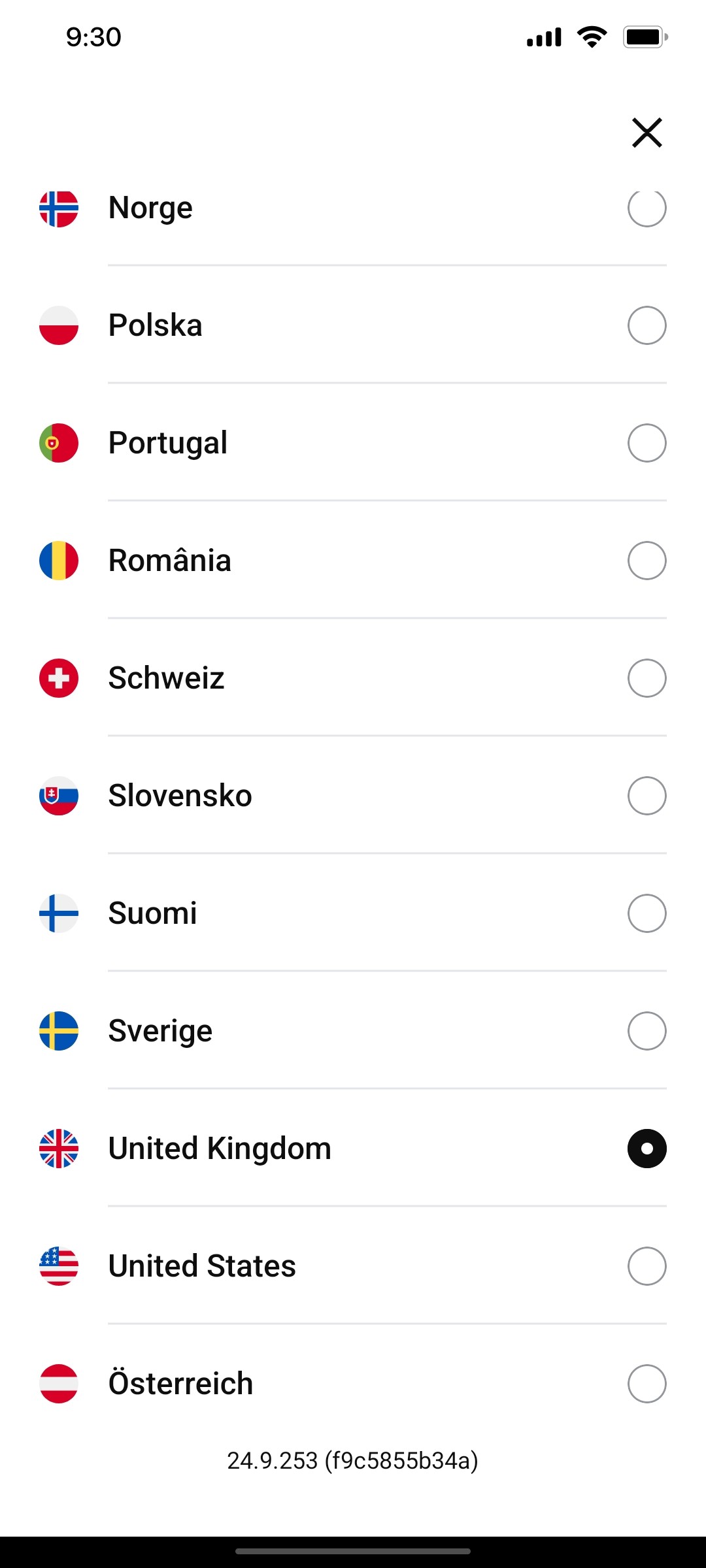 Klarna Country selected Screen