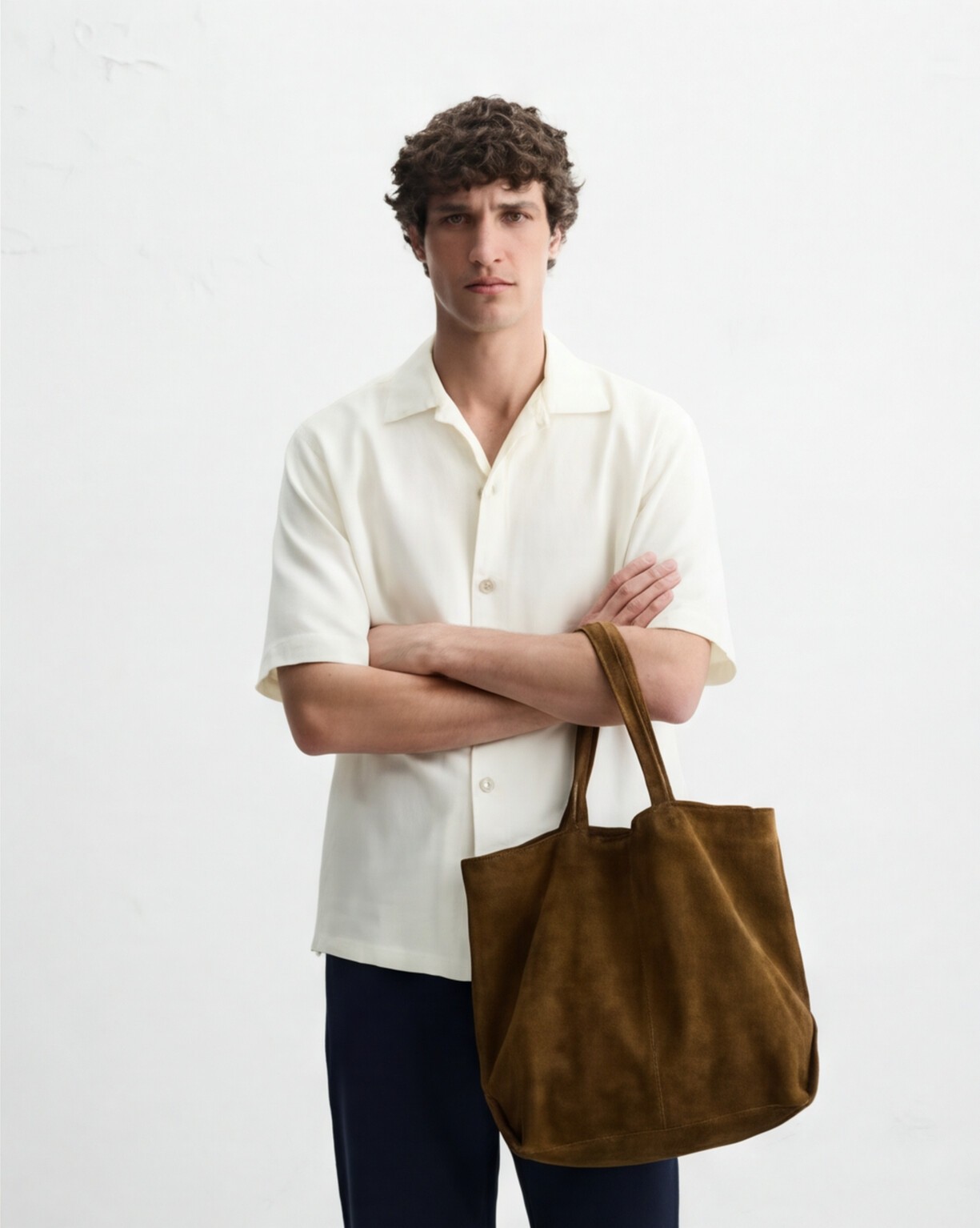 Ivory Short Sleeve Shirt with Navy Trousers