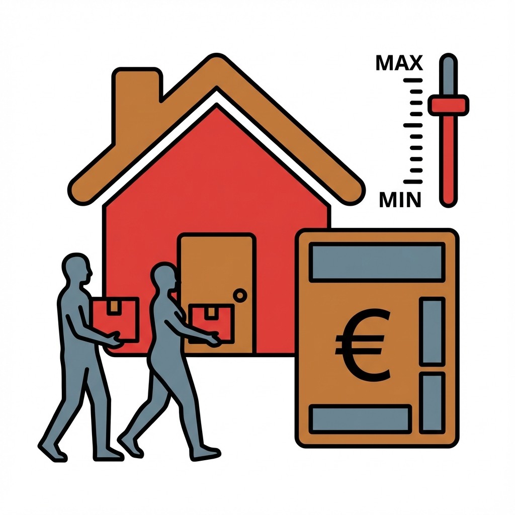 Zwei Personen tragen Umzugskartons zum Haus. Daneben symbolisieren ein Taschenrechner und ein Regler auf "MAX" hohe Kosten.