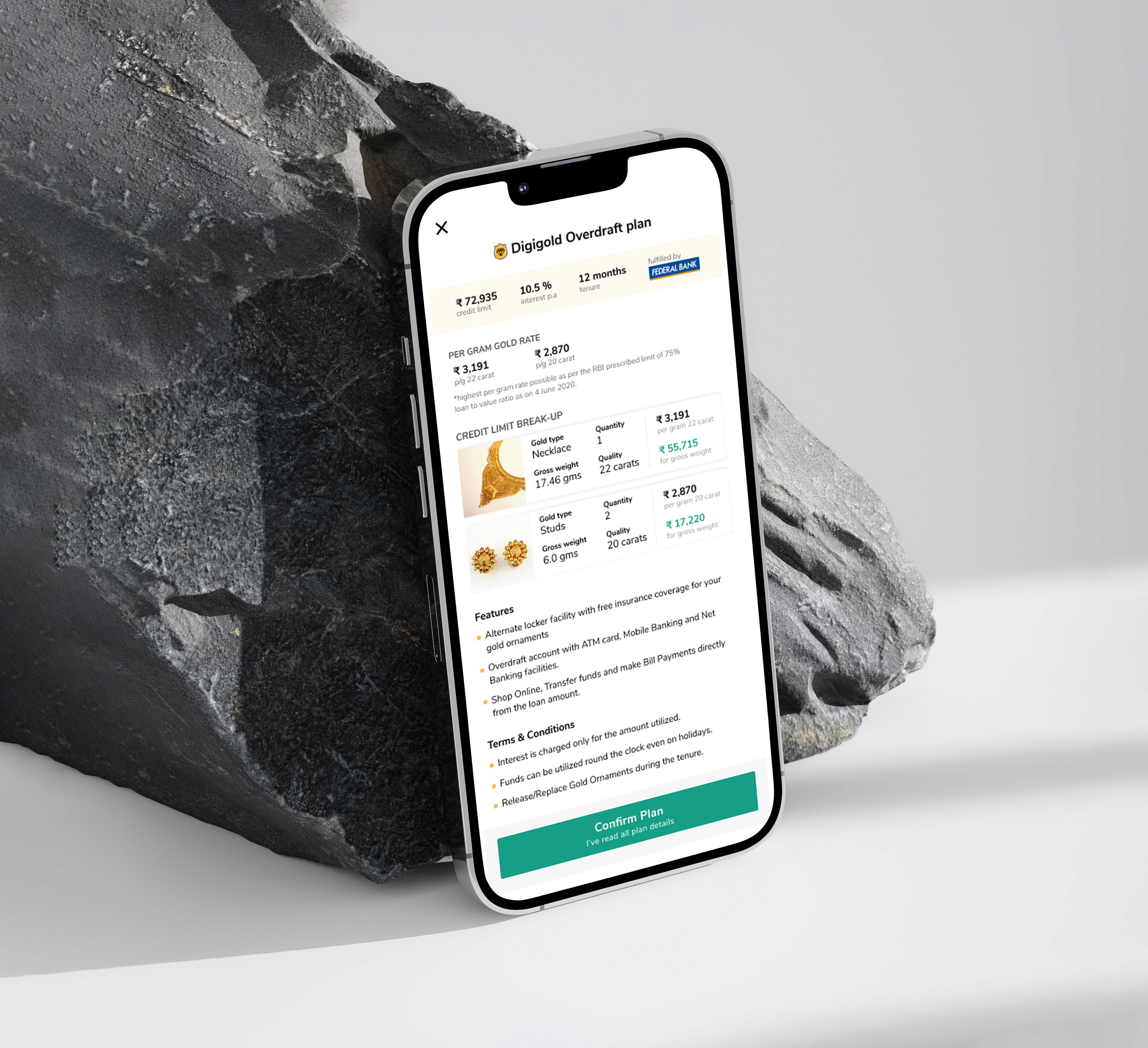 Orocorp mobile app showing DigiGold gold purchase plan screen