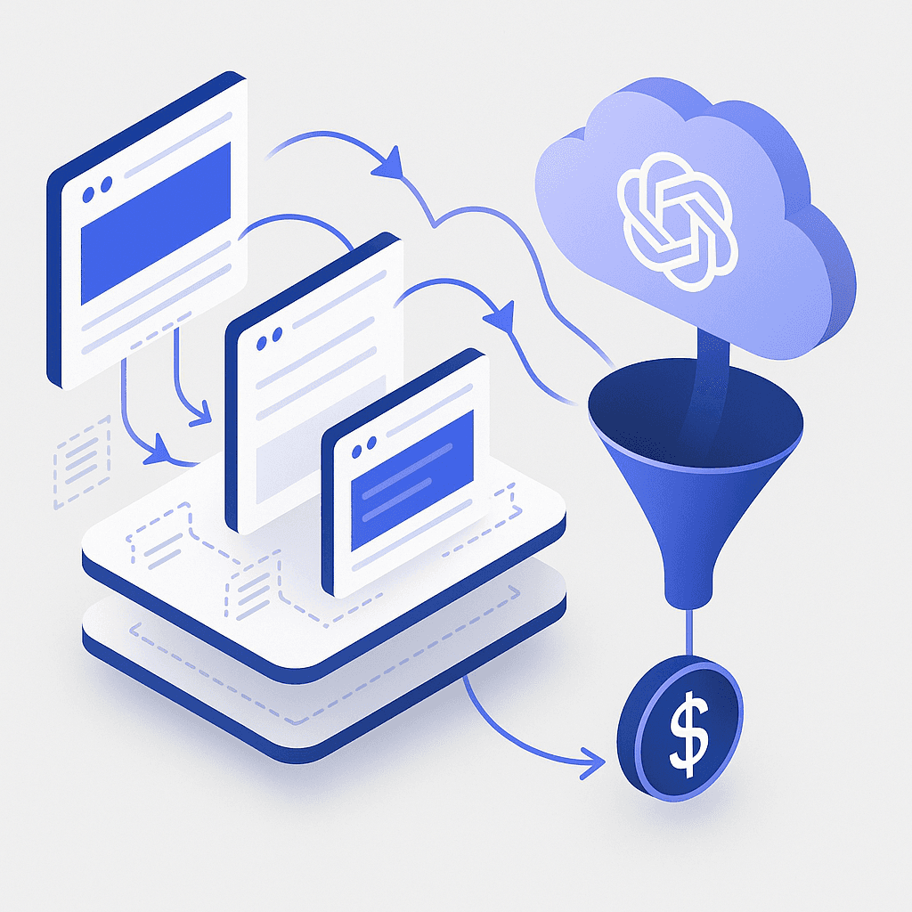 Flow diagram showing schema-tagged pillar and cluster pages feeding an LLM cloud and generating conversions
