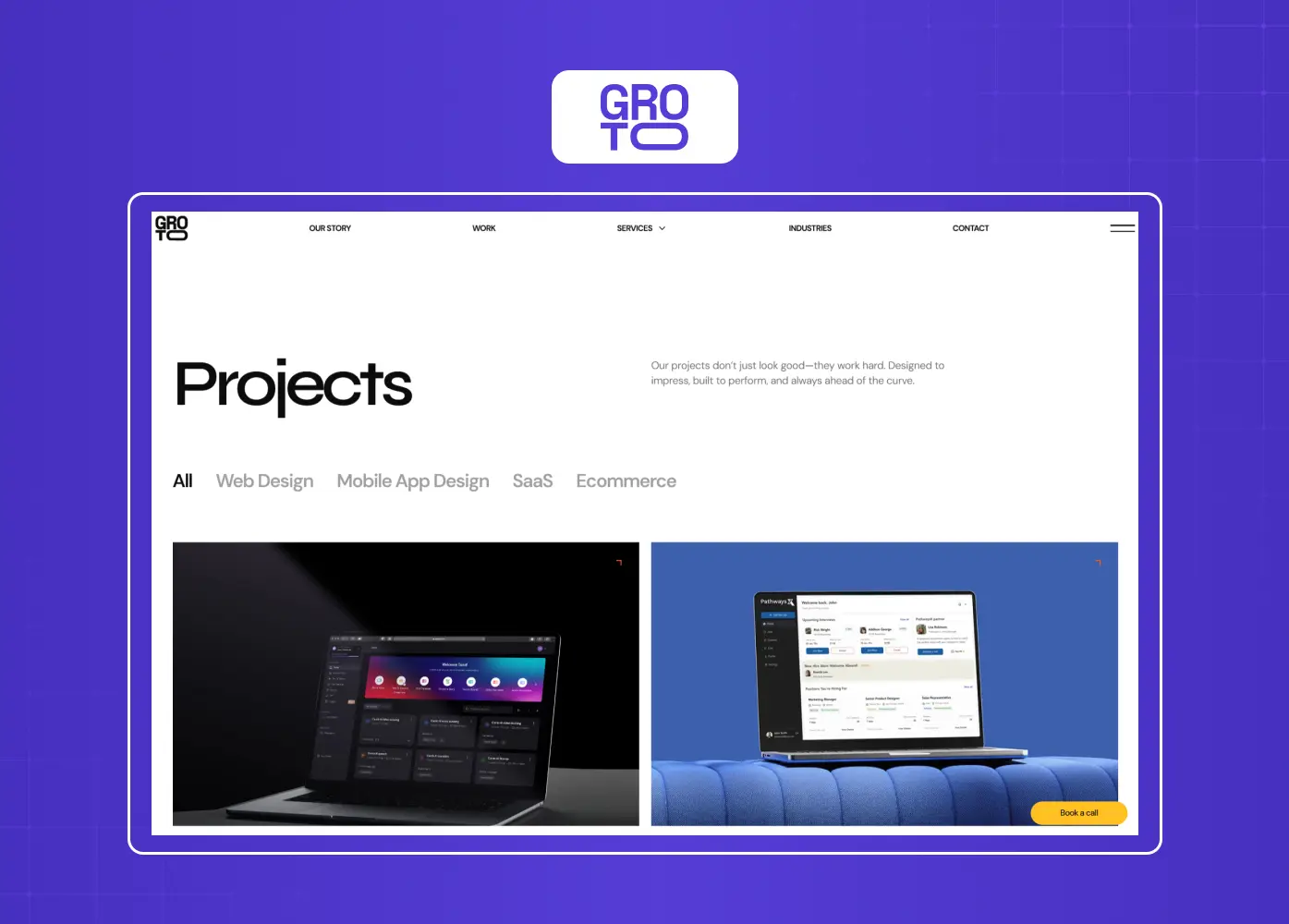 Agency portfolio page showcasing selected projects across web design, mobile apps, SaaS, and ecommerce.