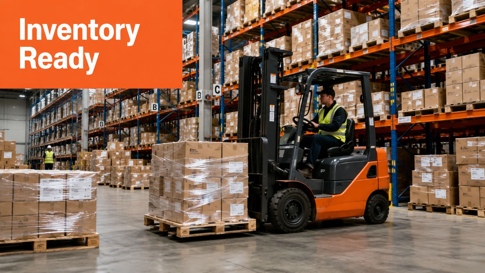 A forklift driver in a warehouse preparing inventory for shipment during a busy sales season.