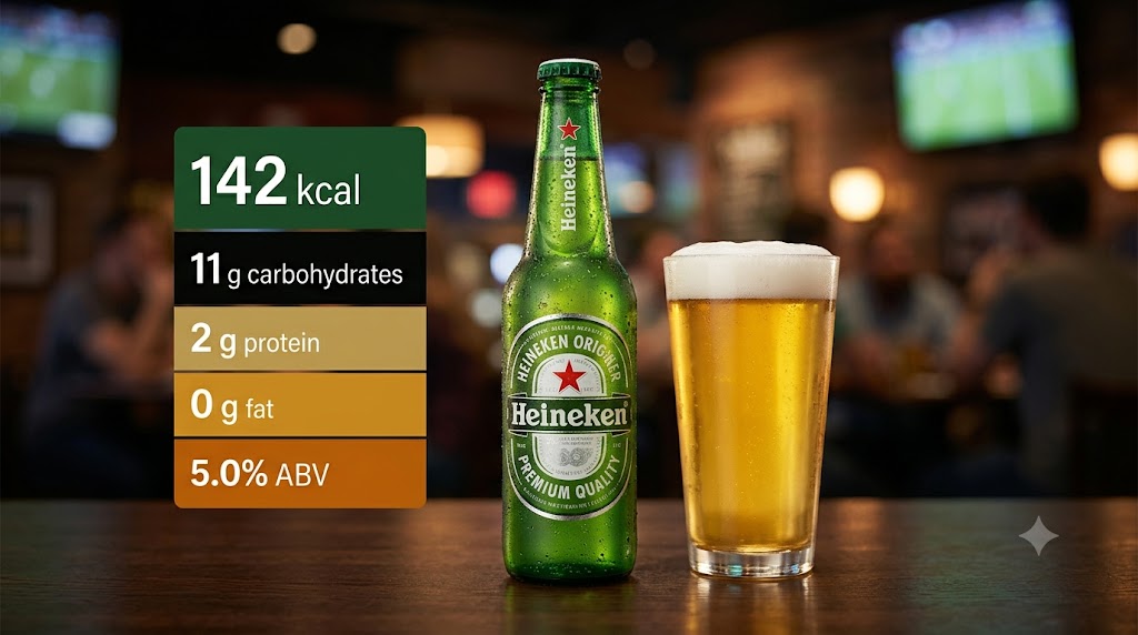 A detailed visualization of the nutrition facts and calorie count for a bottle of Heineken Original beer, displaying 142 kcal, 11g carbs, 2g protein, and 5.0% ABV, set in a sports bar background.