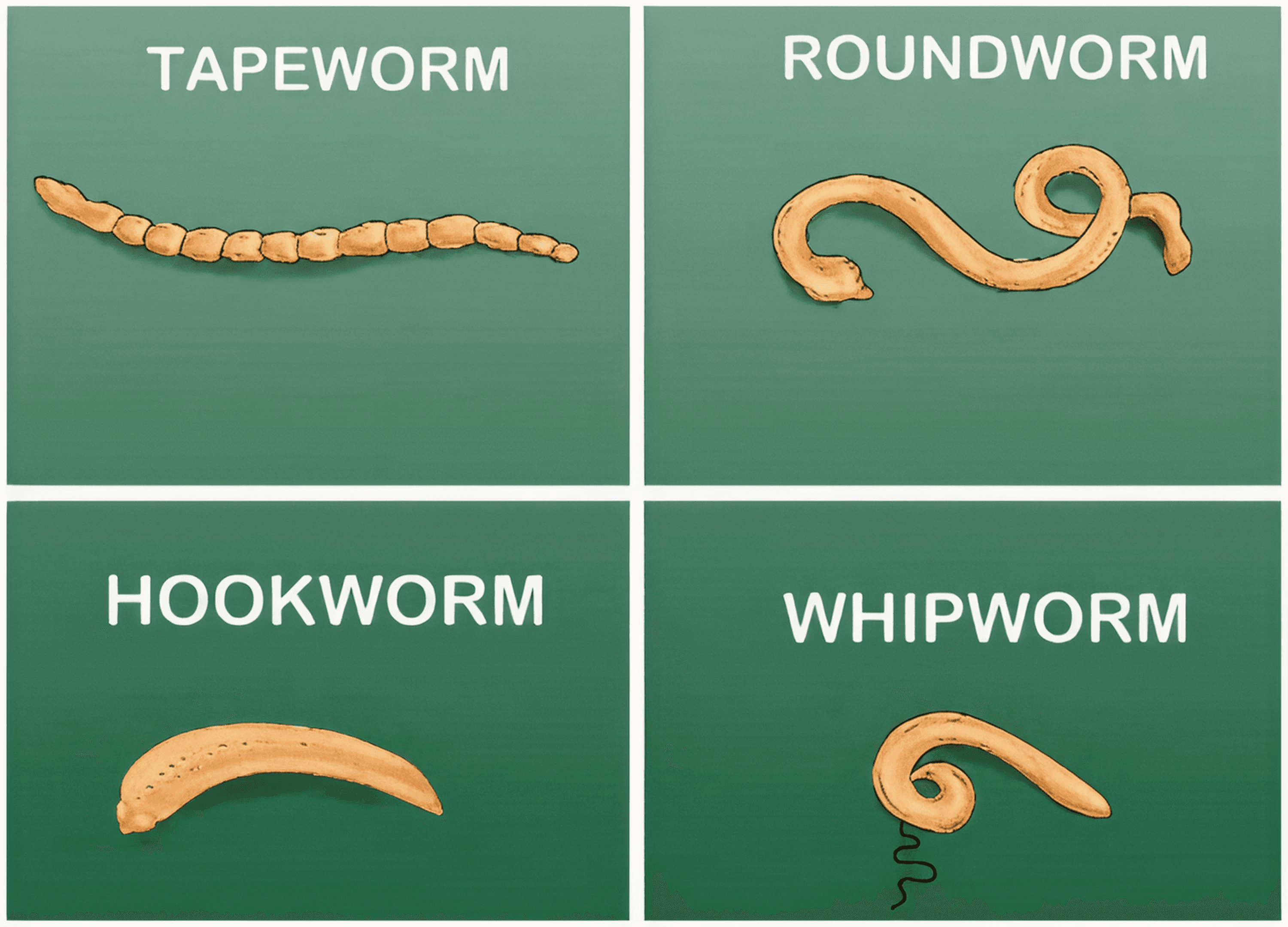 Illustration showing various human intestinal parasites including whipworm, tapeworm, roundworm, giardia, hookworm, and coccidia.