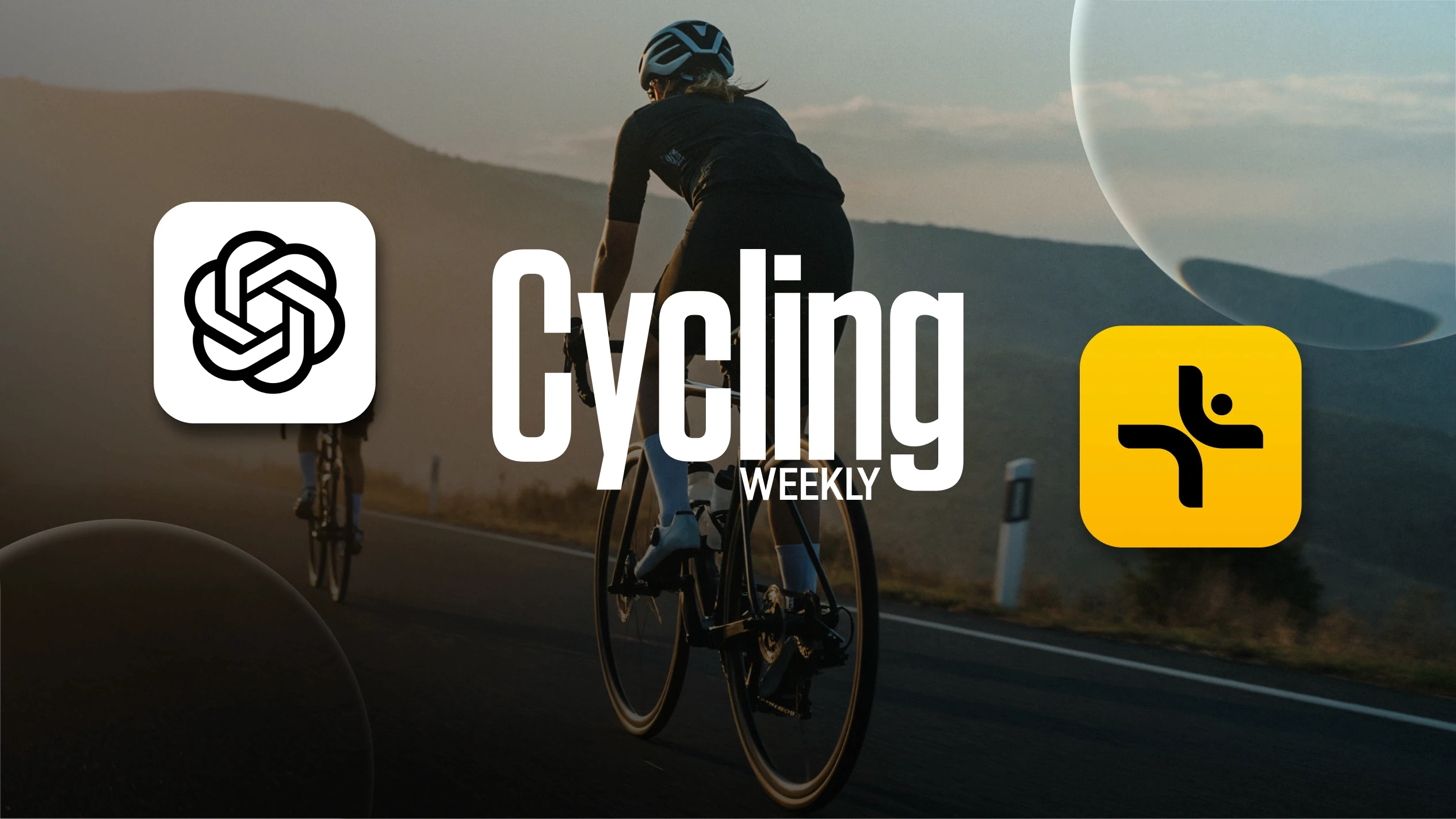 Two cyclists riding at sunset with the ChatGPT logo on the left and the Vekta logo on the right, representing the six-week AI coaching experiment published in Cycling Weekly.