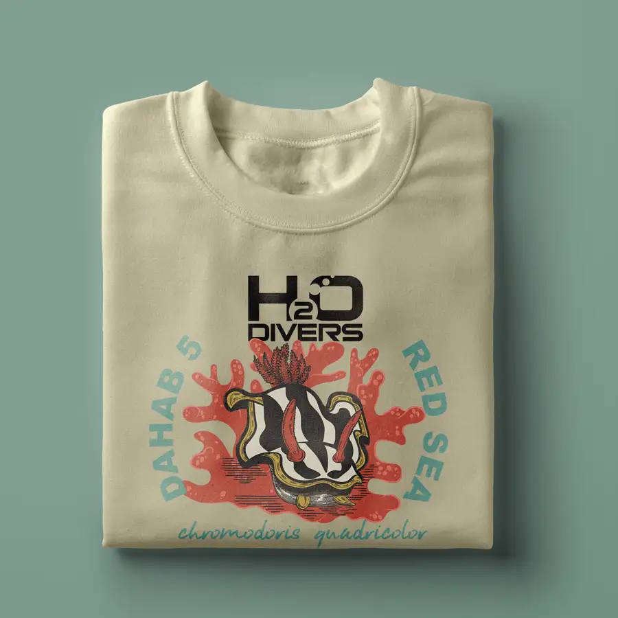 Grey tshirt depicting a nudibranch from the Dahab 5 campaign