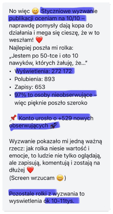 Biznes na Insta – opinia o wyzwaniu publikacji rolek, które pomogło uczestniczce określić niszę, uporządkować komunikację i osiągnąć największe dotąd zasięgi – mimo wcześniejszego udziału w różnych kursach i szkoleniach.