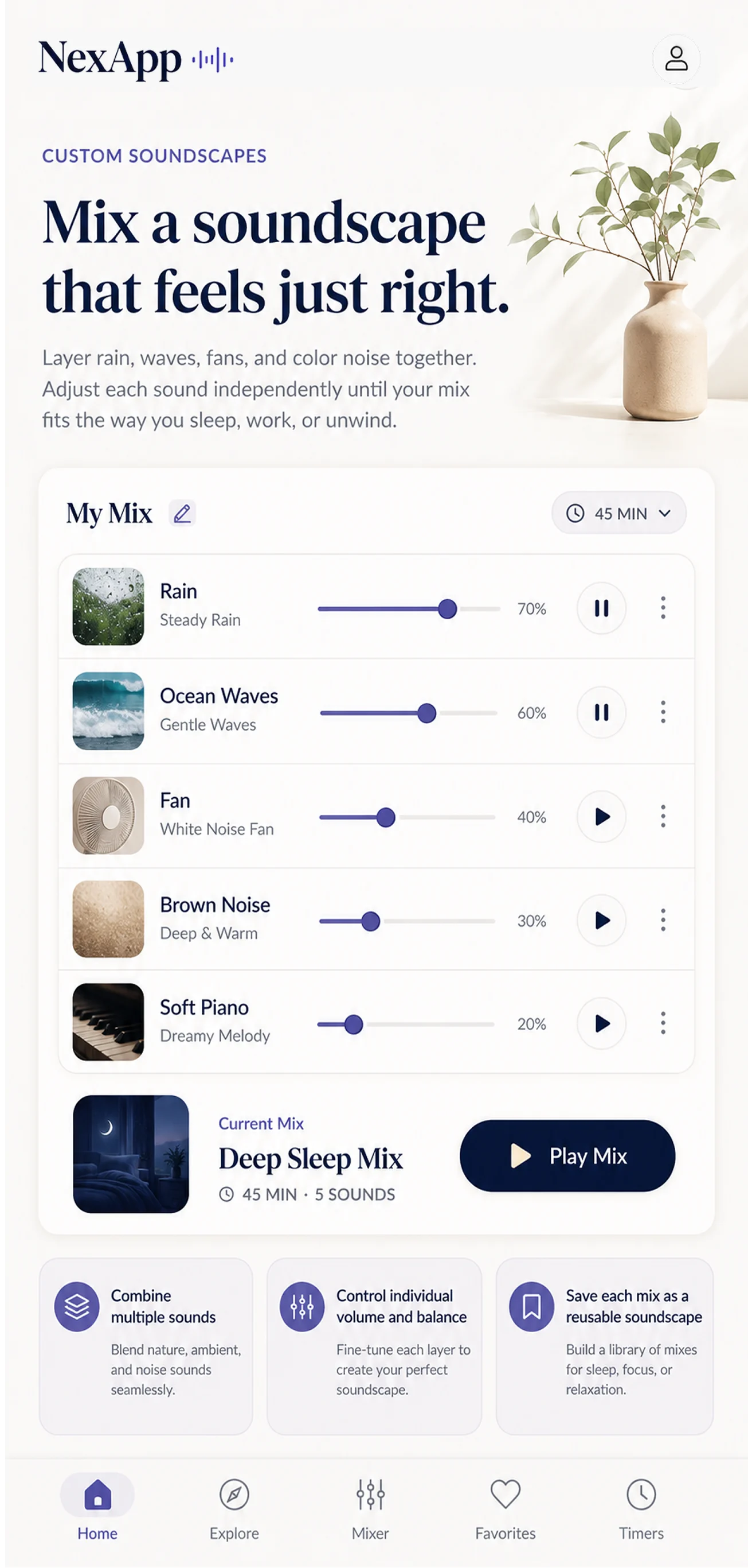 NexApp custom sound mixer screen with layered sounds, individual volume controls, and a saved deep sleep mix.