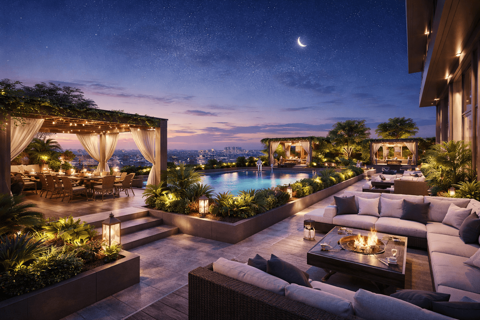 rooftop lounge with cabanas and night skyline view in Sector 89 Gurugram