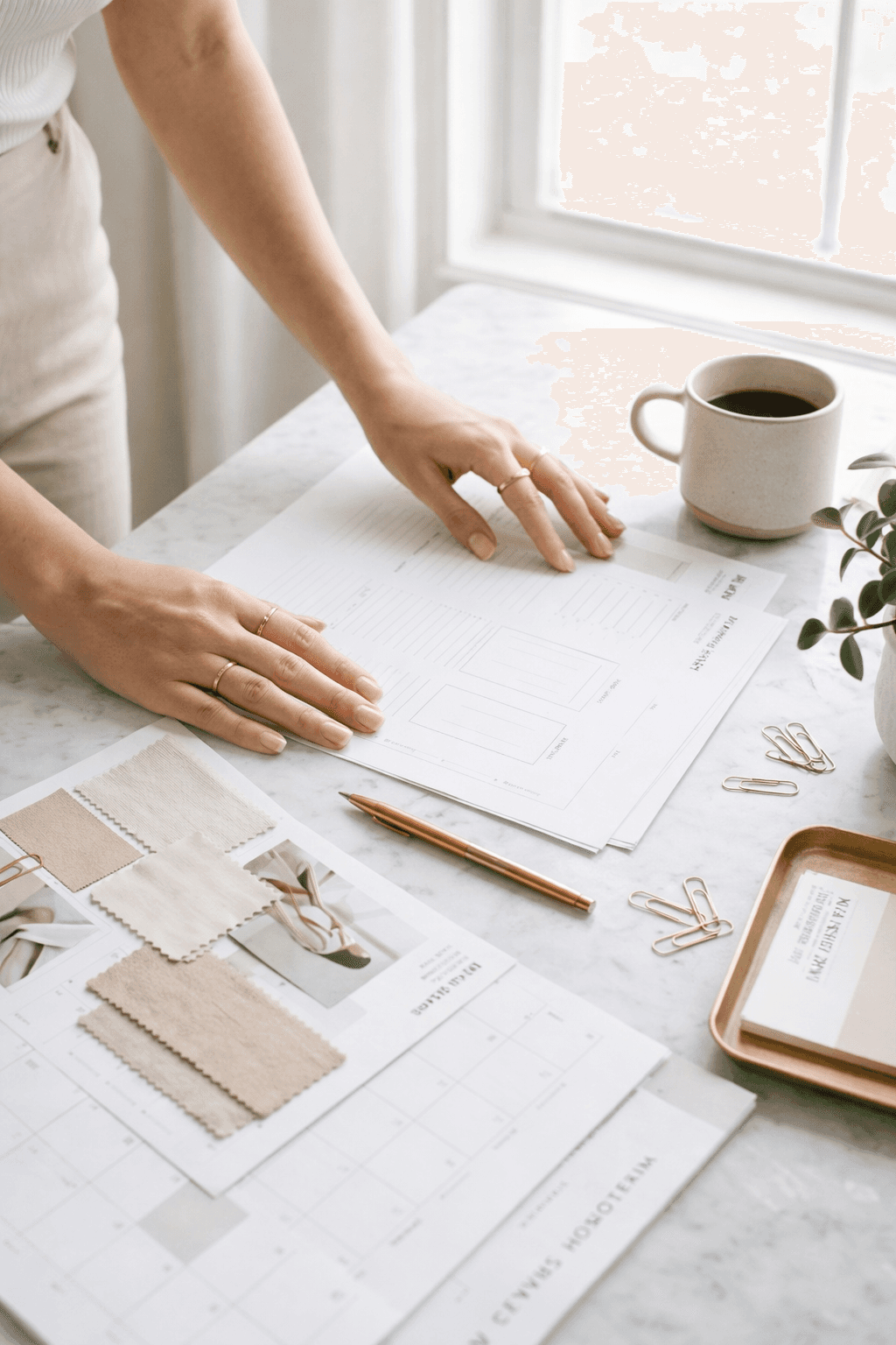 Architecte d'intérieur consultant une planche de matériaux et des échantillons pour la conception d'un local professionnel à Bordeaux