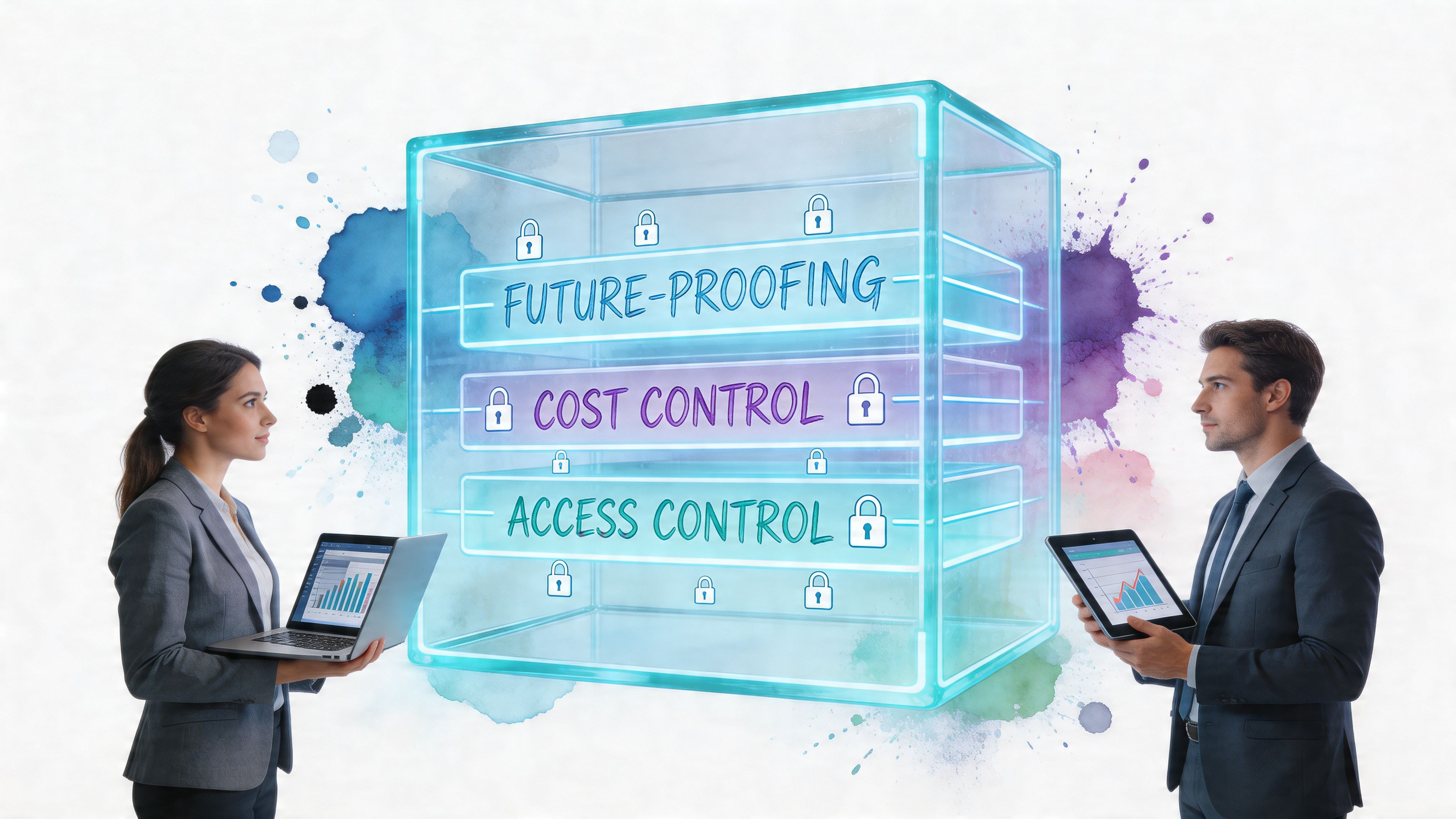 A professional man and woman analyze digital data on a glowing 3D security cube interface.