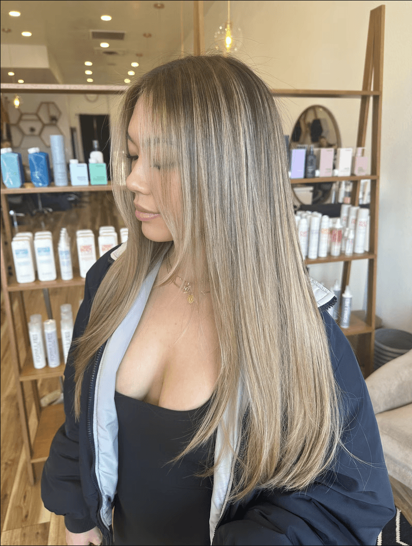 Full head sliced teasy light with root melt and gloss by Stephanie Koontz at Del Sol Hair Studio Huntington Beach