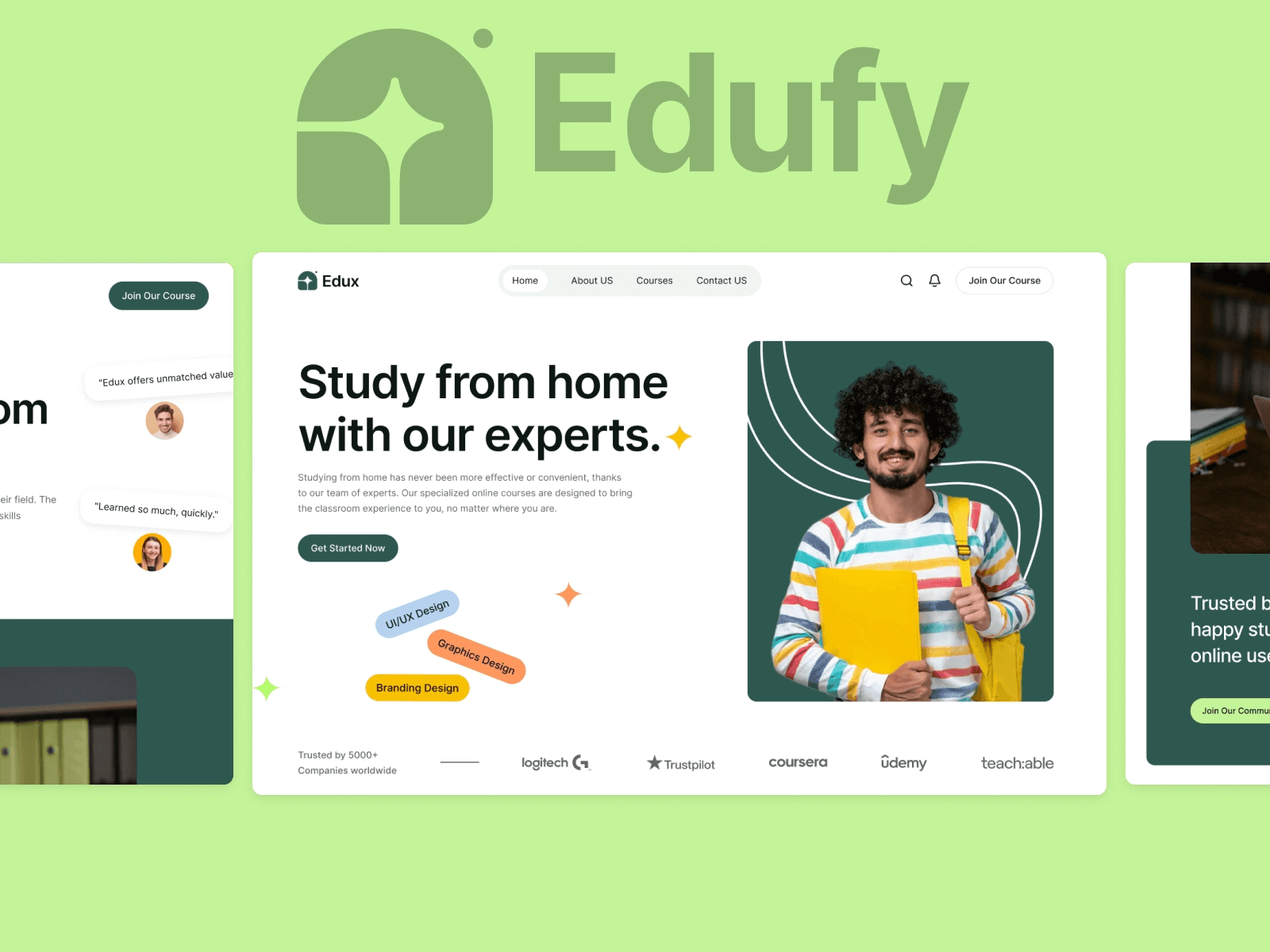 Edufy e-learning website design featuring a student holding a yellow file and green UI.