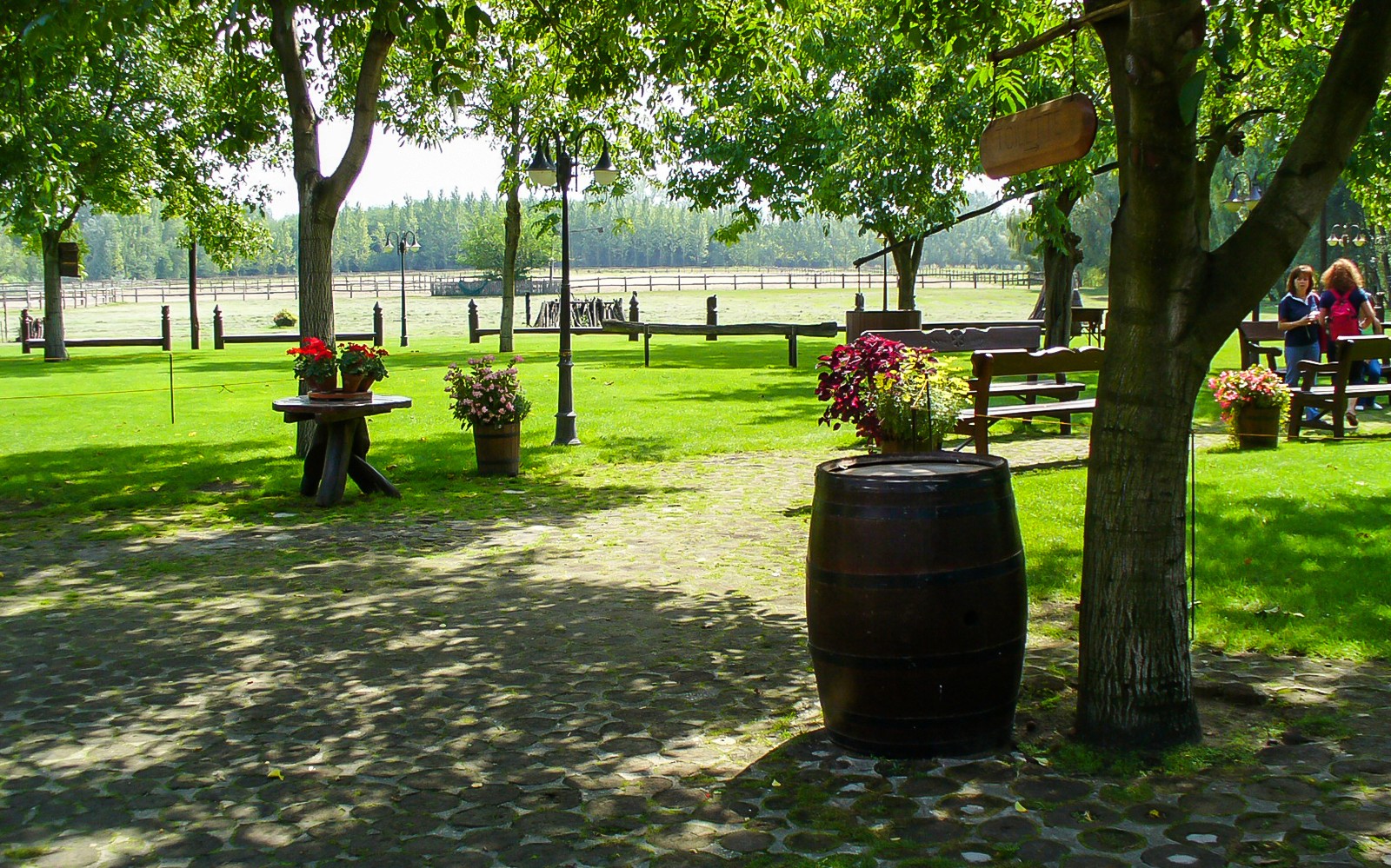 Kecskemet countryside picnic area with tables and flowers, part of Puszta Day Trip from Budapest.