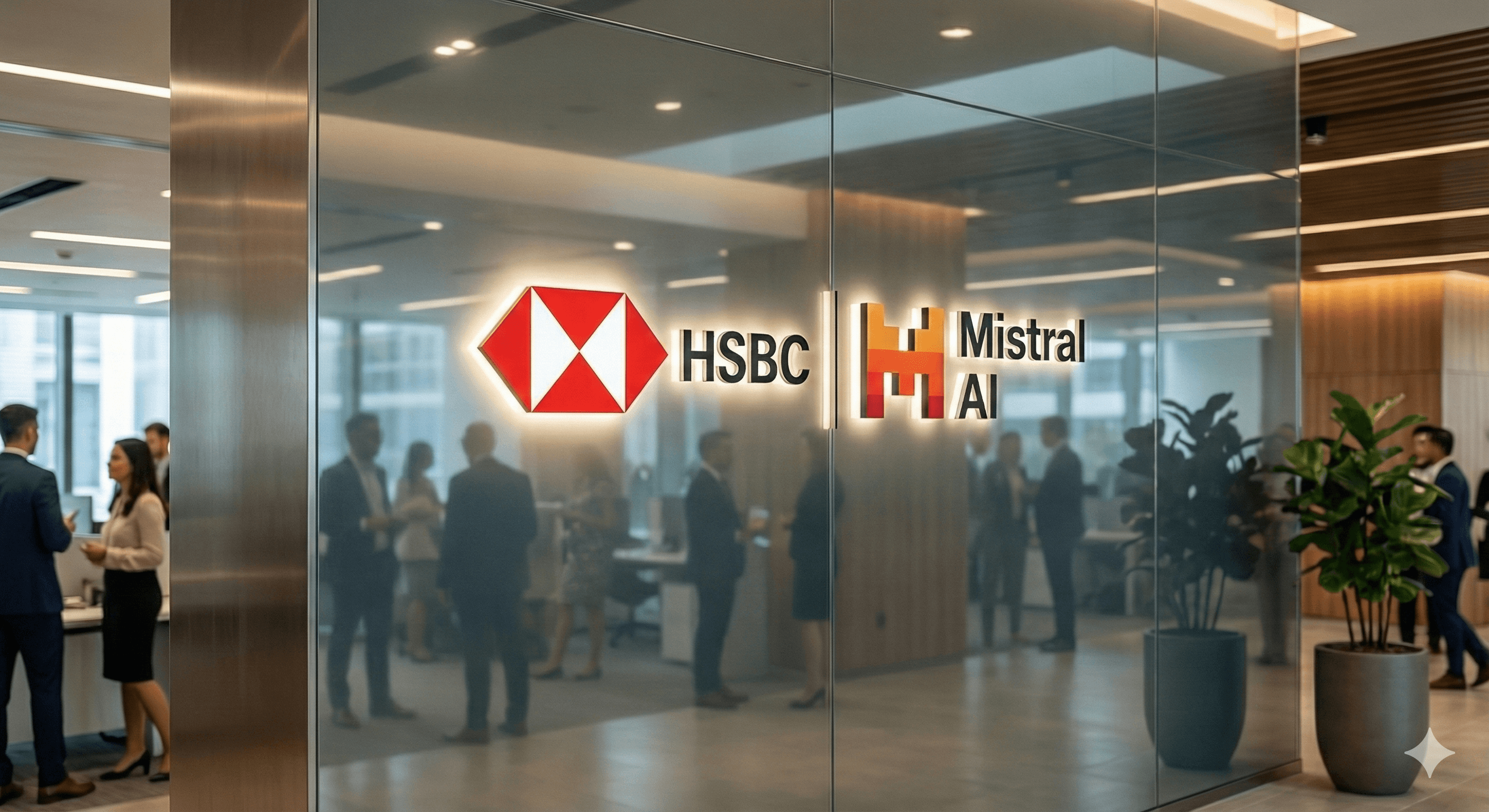 A modern office lobby with glass walls displays the logos of HSBC and Mistral AI, surrounded by people engaging in conversation and potted plants enhancing the ambiance.