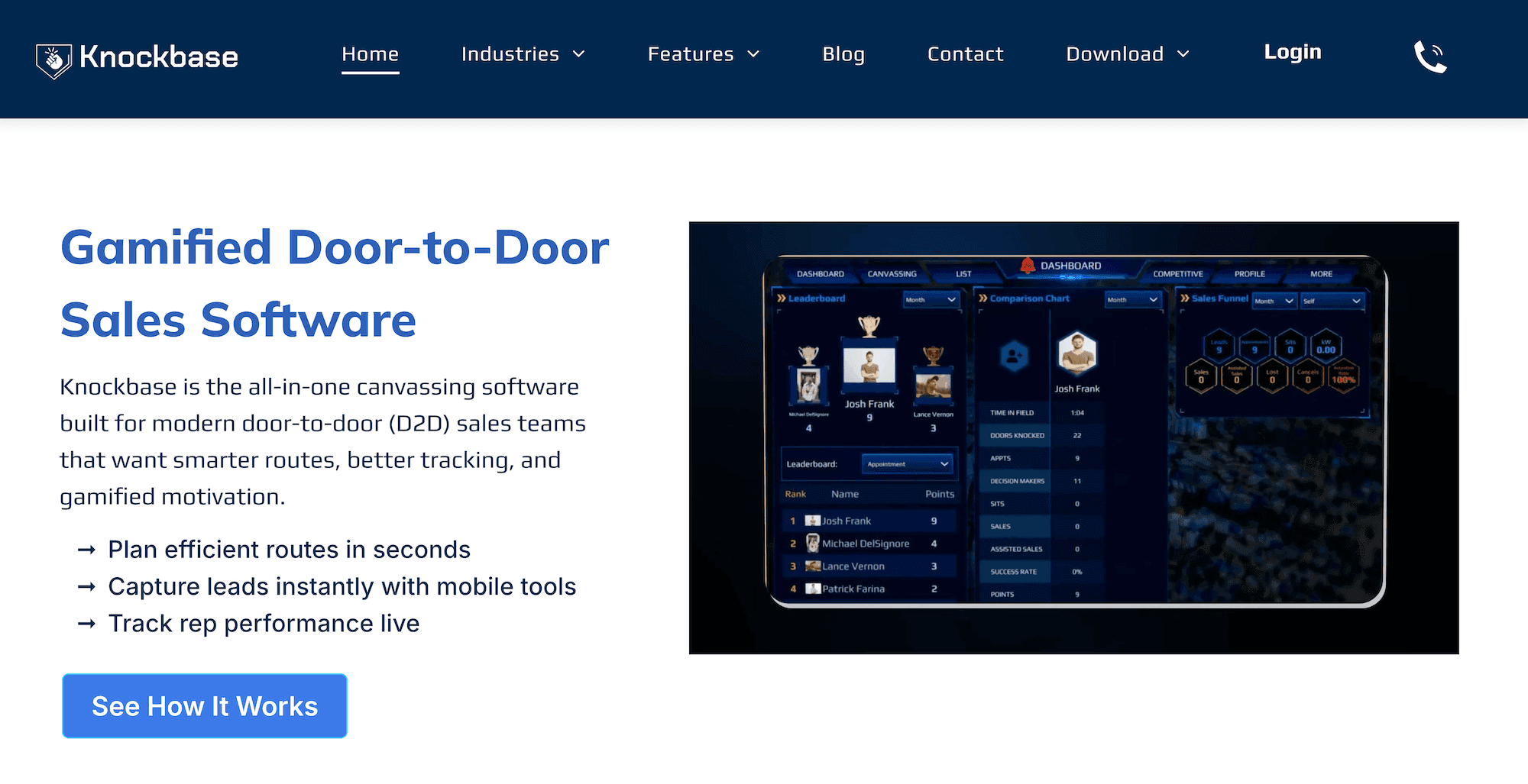 Knockbase homepage: Gamified Door-to-Door Sales Software