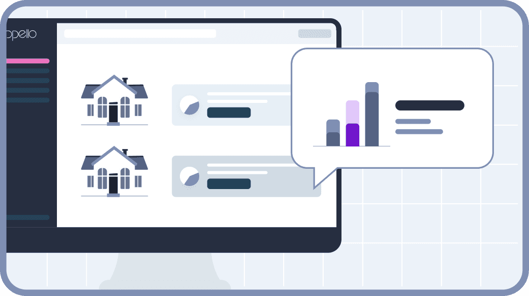 A computer monitor displays a real estate management dashboard with icons of houses and graphs, highlighting property analytics and data visualization.